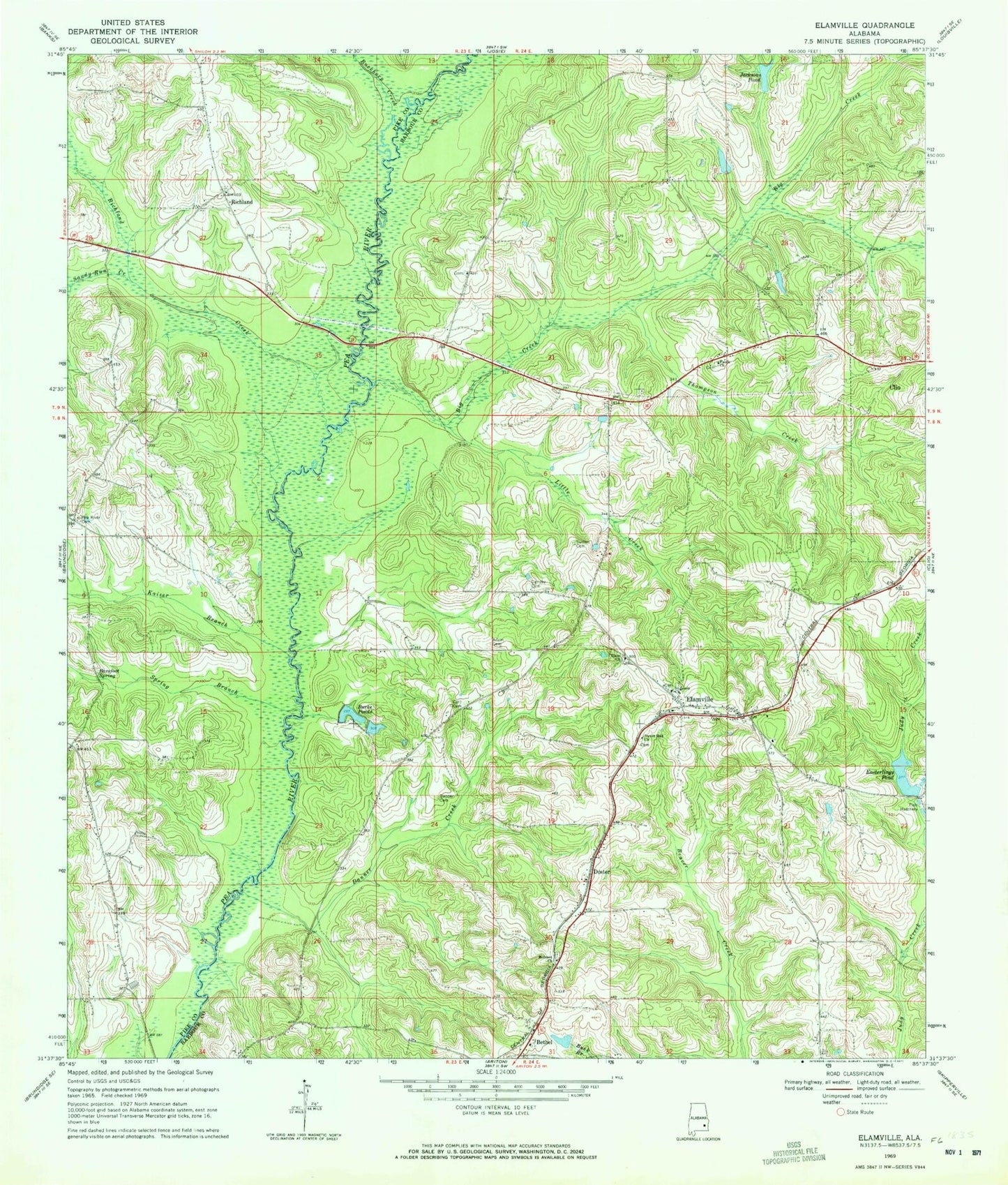Classic USGS Elamville Alabama 7.5'x7.5' Topo Map Image