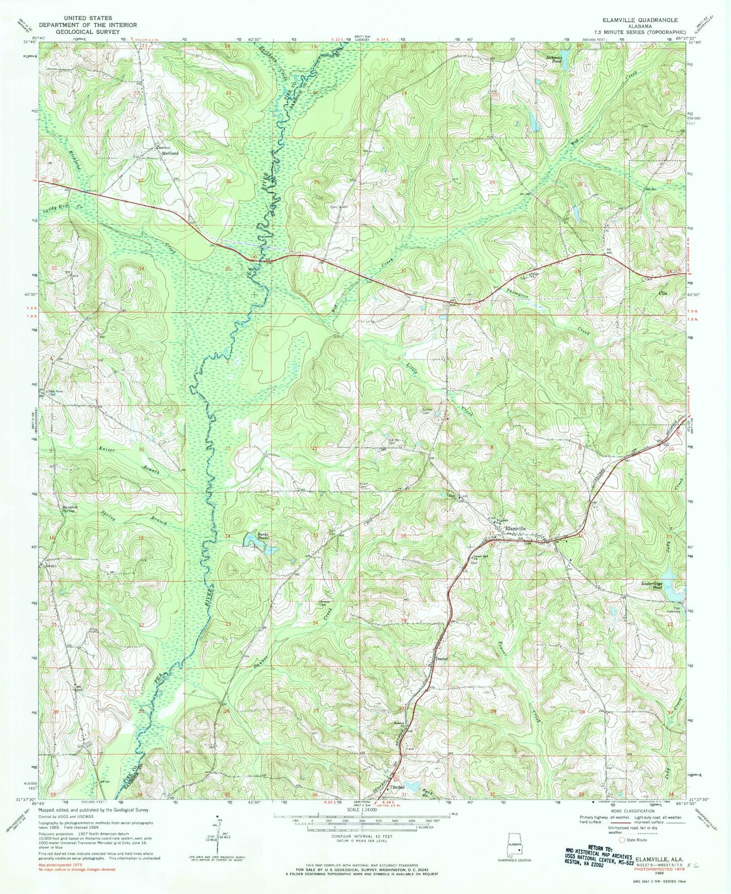 Classic USGS Elamville Alabama 7.5'x7.5' Topo Map Image