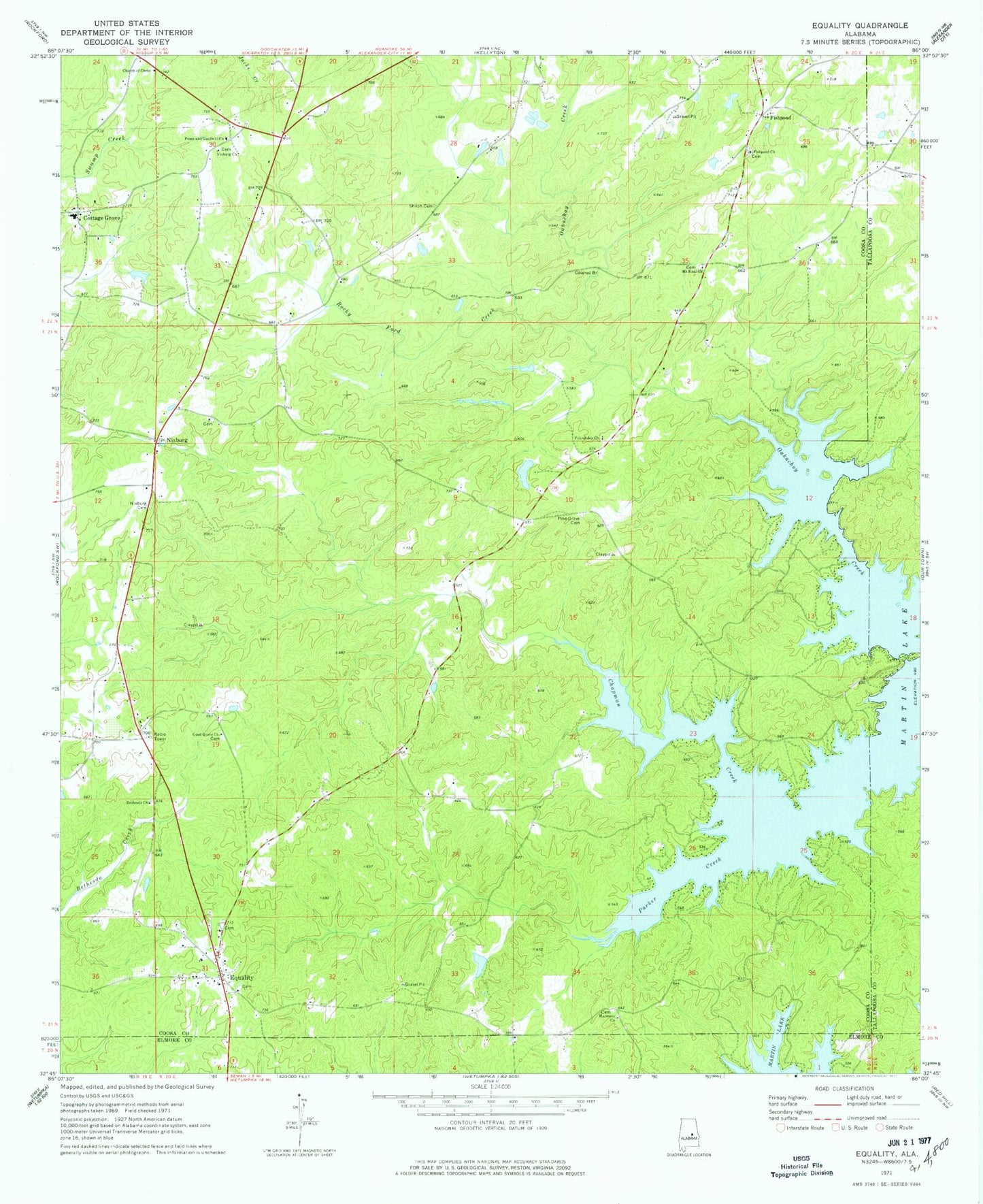 Classic USGS Equality Alabama 7.5'x7.5' Topo Map Image