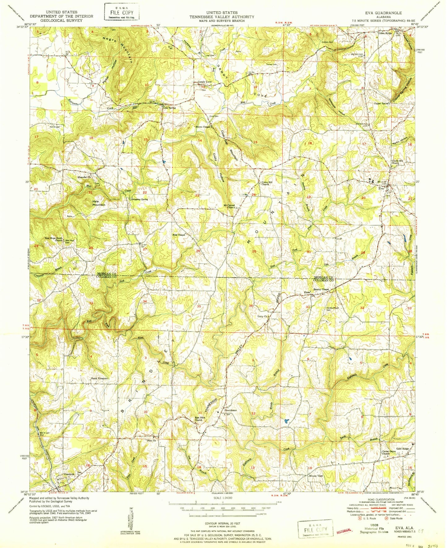 Classic USGS Eva Alabama 7.5'x7.5' Topo Map Image