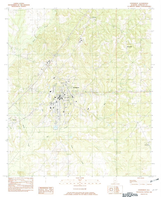 Classic USGS Evergreen Alabama 7.5'x7.5' Topo Map Image