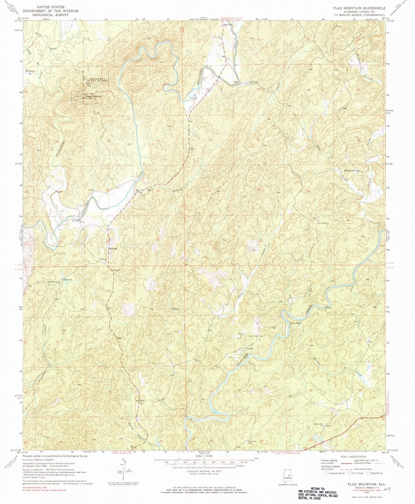 Classic USGS Flag Mountain Alabama 7.5'x7.5' Topo Map Image