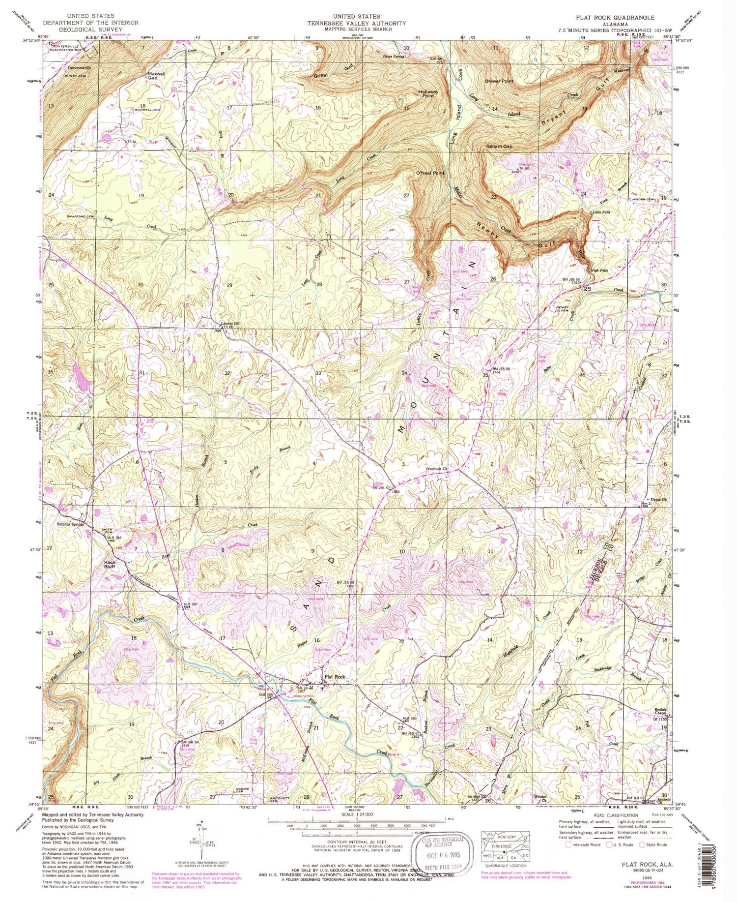 Classic USGS Flat Rock Alabama 7.5'x7.5' Topo Map Image