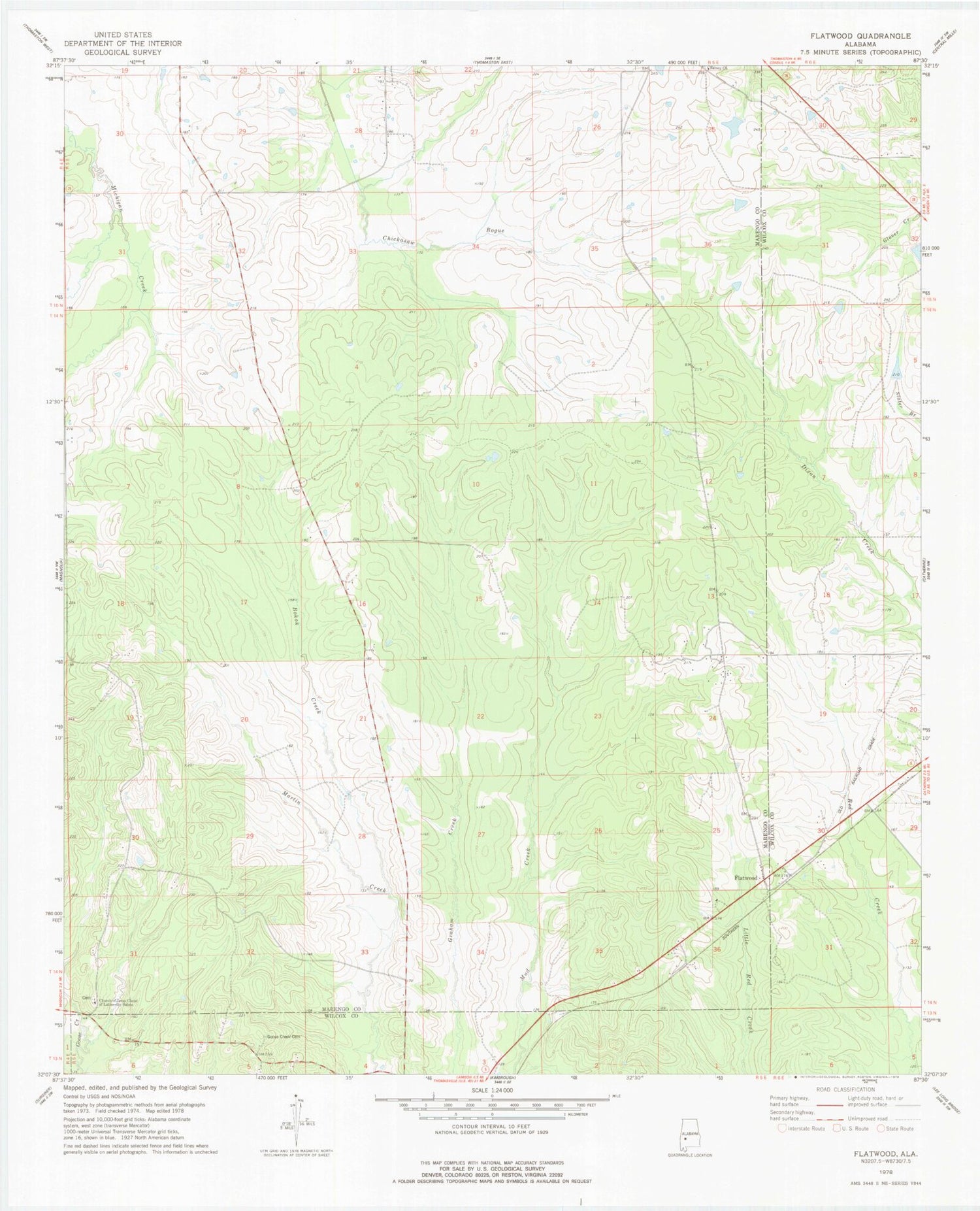 Classic USGS Flatwood Alabama 7.5'x7.5' Topo Map Image