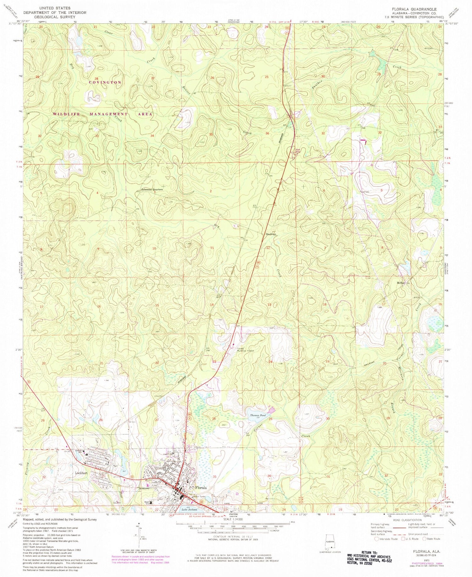 Classic USGS Florala Alabama 7.5'x7.5' Topo Map Image