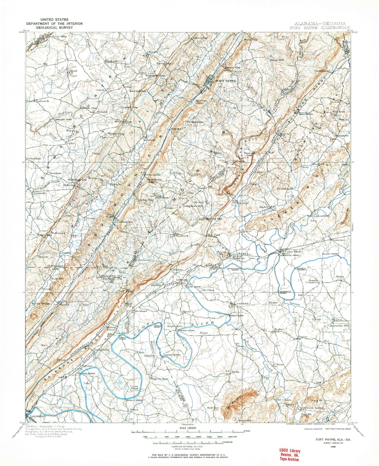 Historic 1898 Fort Payne Alabama 30'x30' Topo Map Image