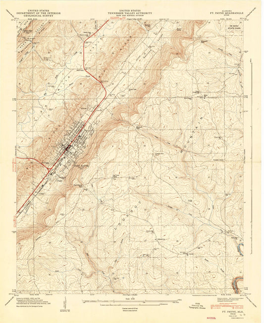 Classic USGS Fort Payne Alabama 7.5'x7.5' Topo Map Image