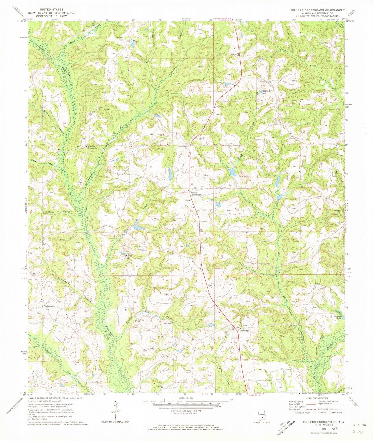 Classic USGS Fullers Crossroads Alabama 7.5'x7.5' Topo Map Image