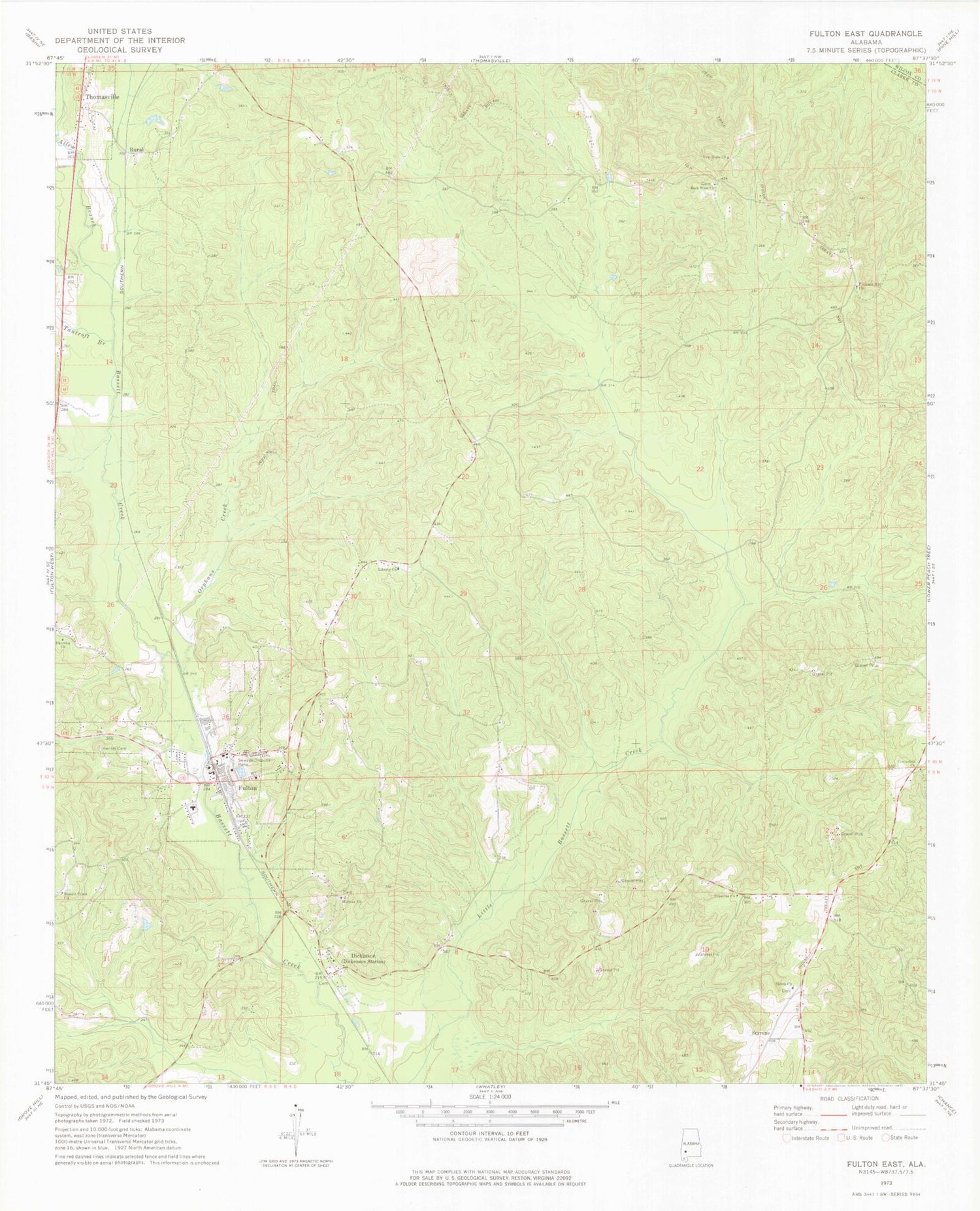 Classic USGS Fulton East Alabama 7.5'x7.5' Topo Map Image