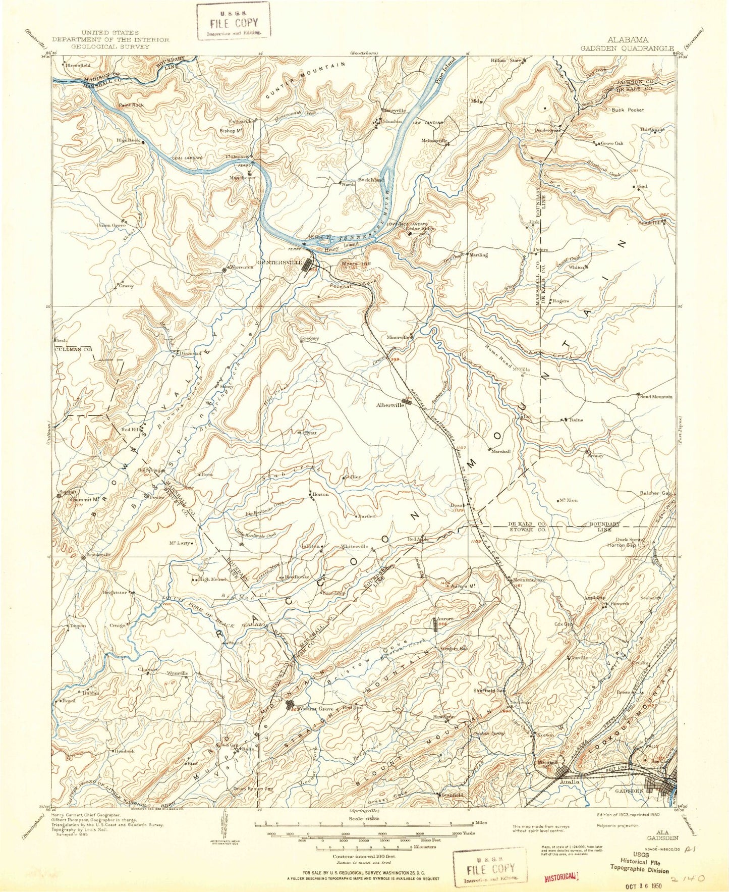 Historic 1903 Gadsden Alabama 30'x30' Topo Map Image