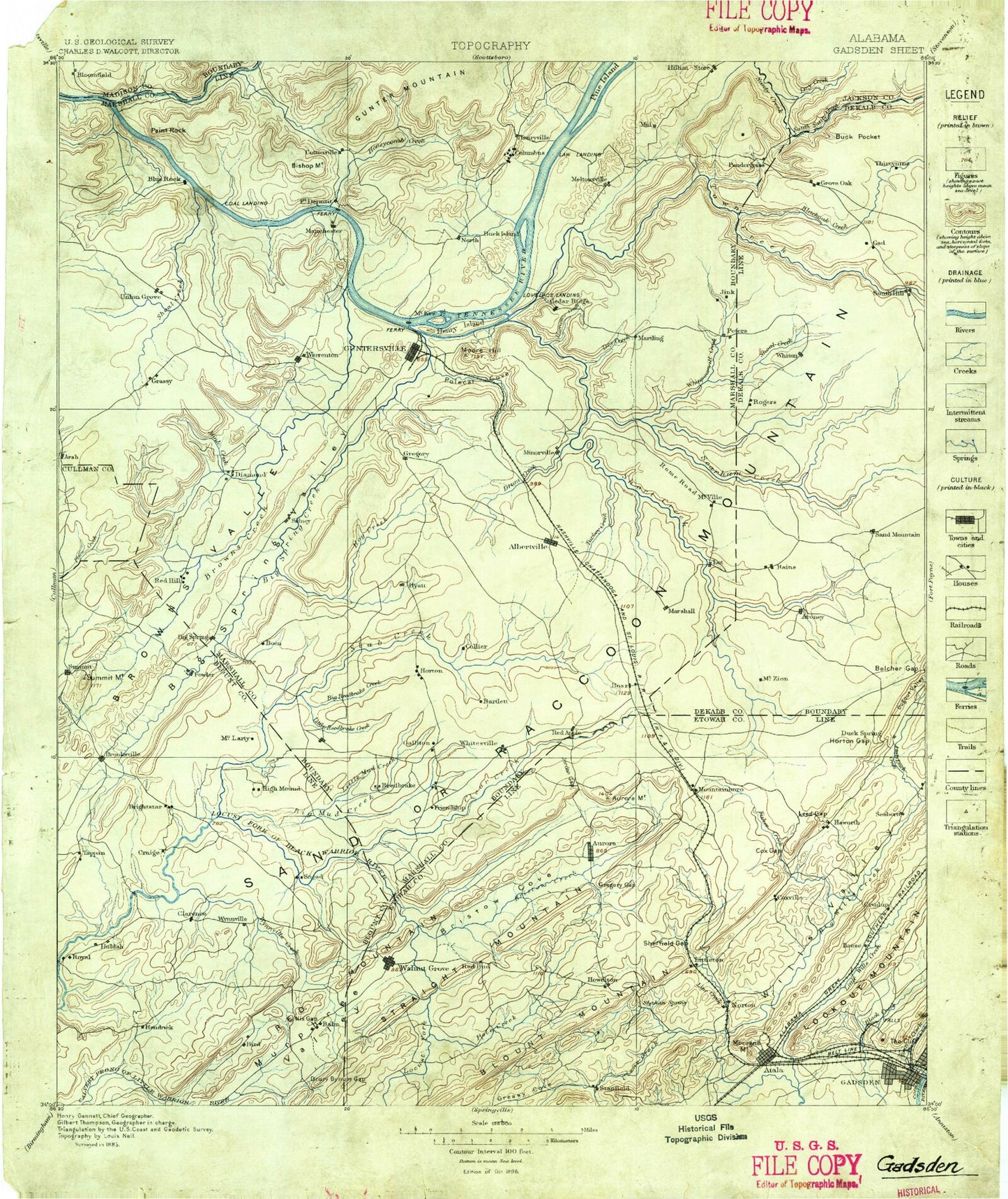 Historic 1885 Gadsden Alabama 30'x30' Topo Map Image