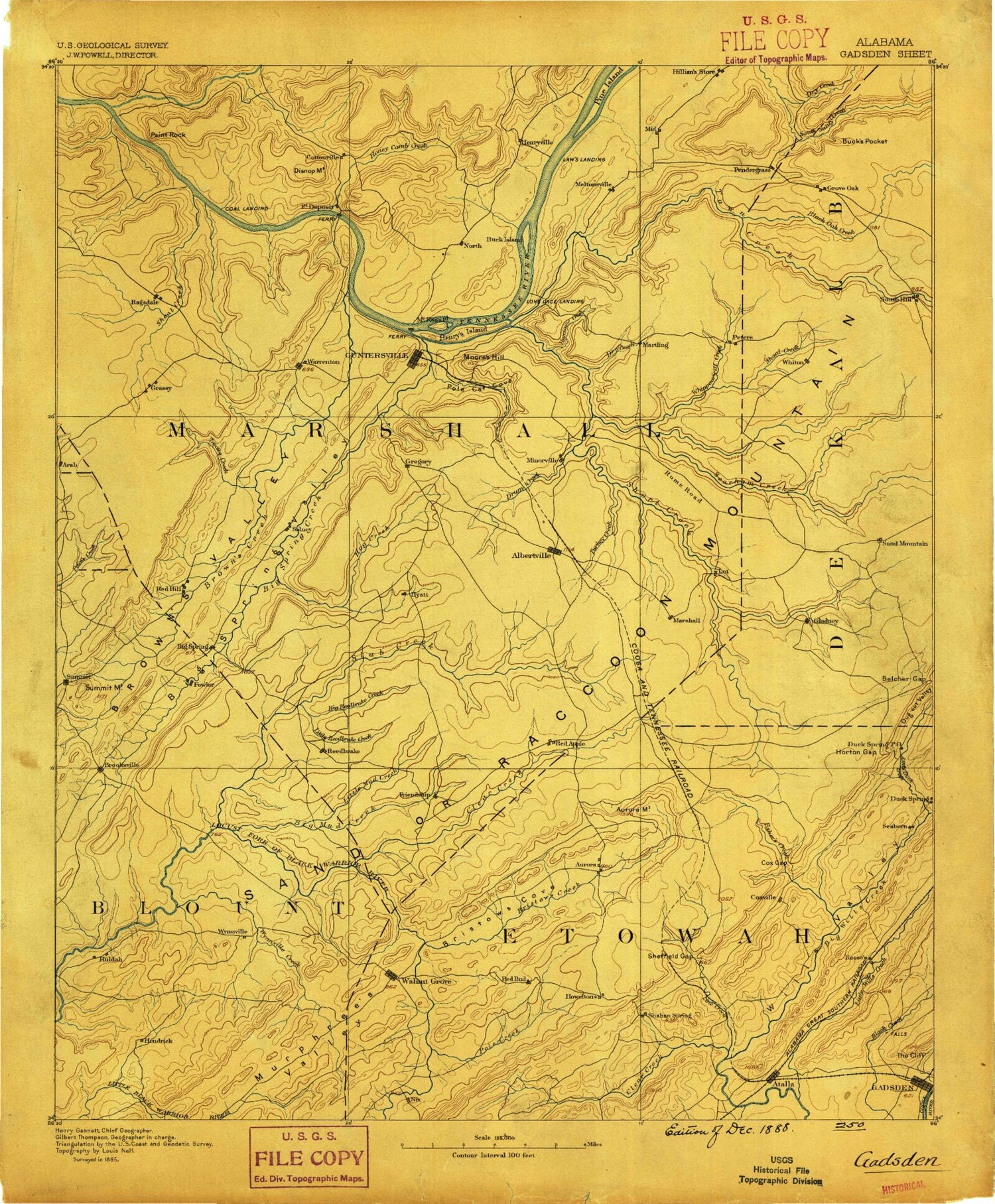 Historic 1888 Gadsden Alabama 30'x30' Topo Map Image