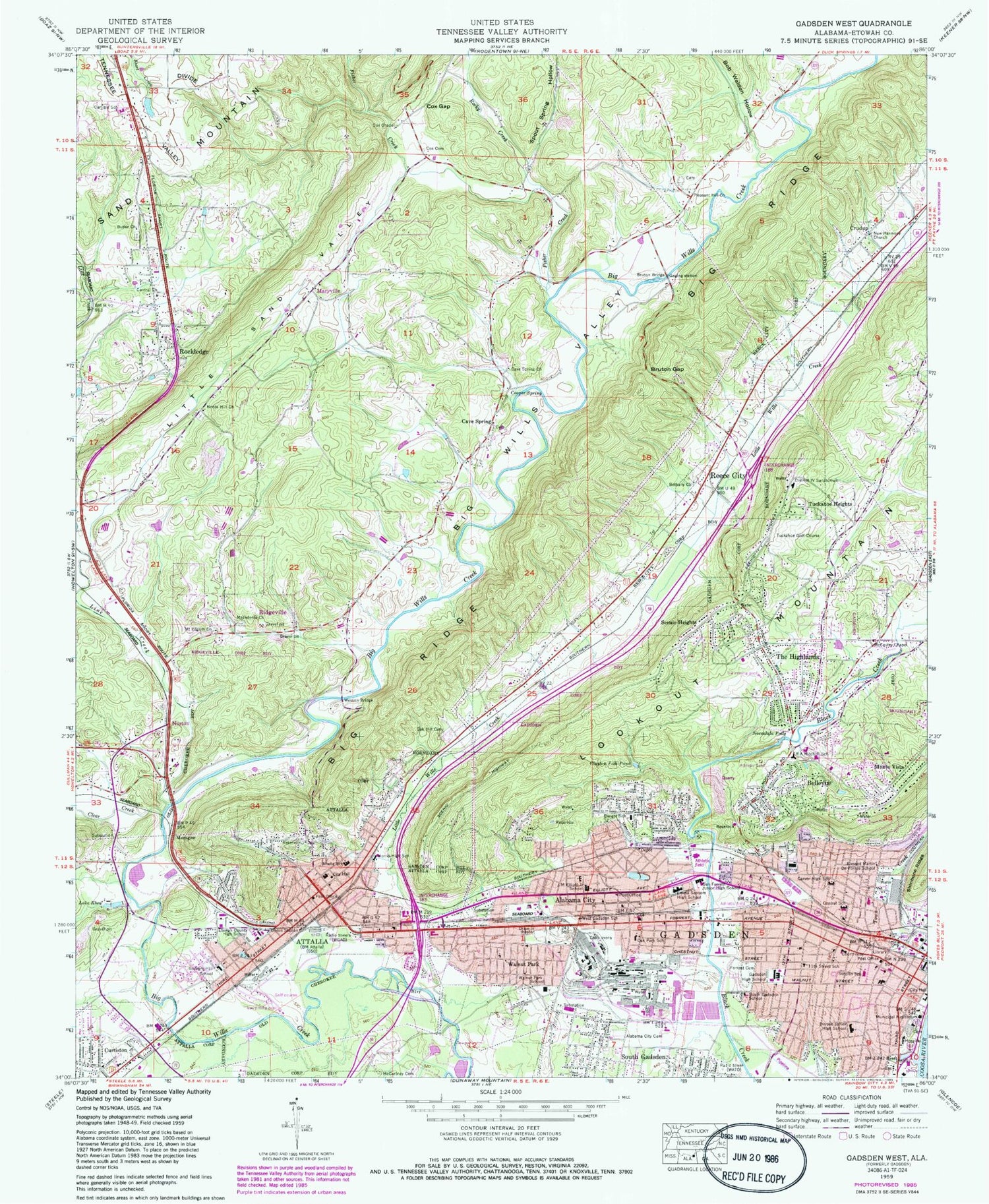 Classic USGS Gadsden West Alabama 7.5'x7.5' Topo Map Image