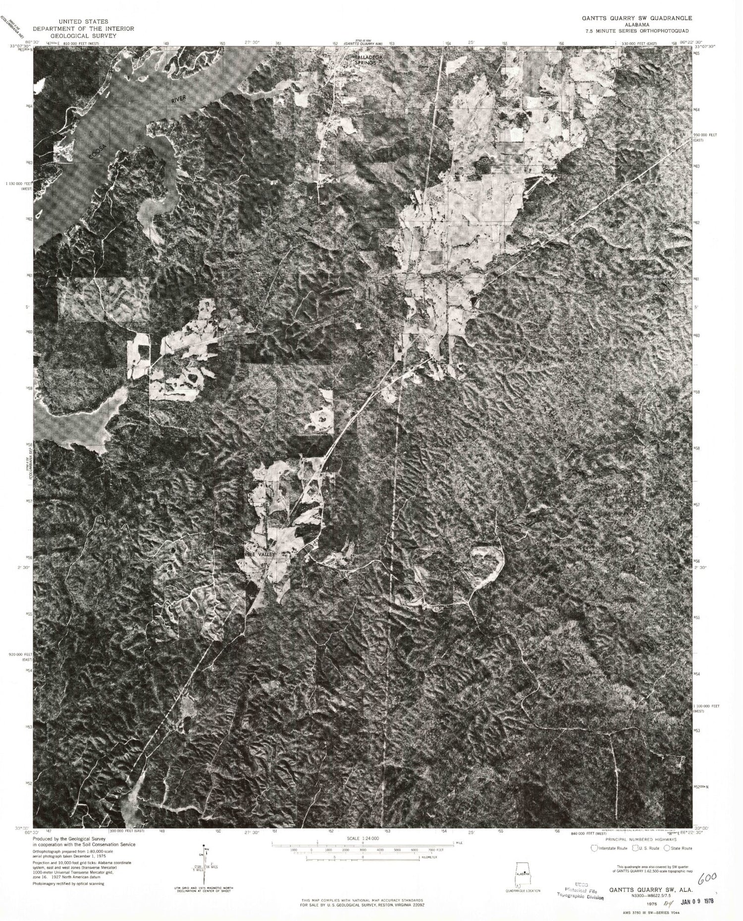 Classic USGS Talladega Springs Alabama 7.5'x7.5' Topo Map Image