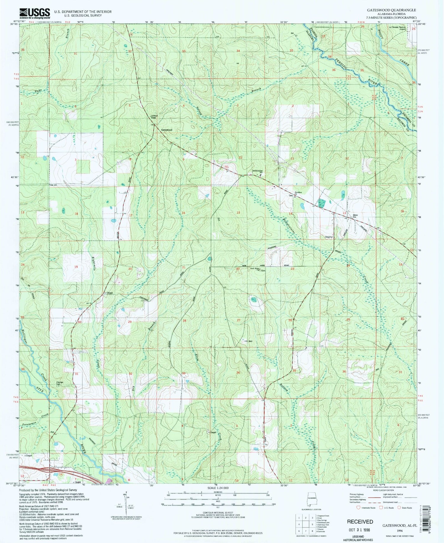 Classic USGS Gateswood Alabama 7.5'x7.5' Topo Map Image