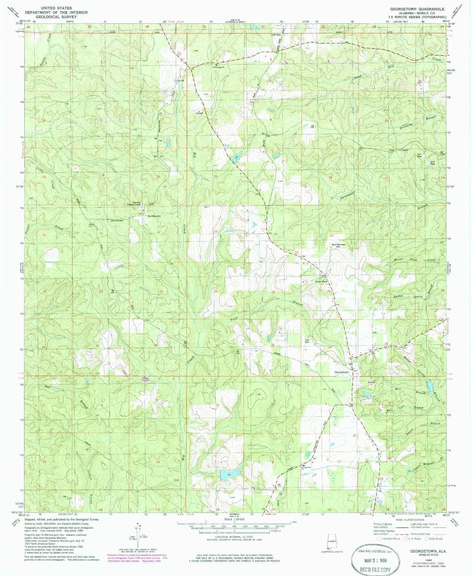Classic USGS Georgetown Alabama 7.5'x7.5' Topo Map Image