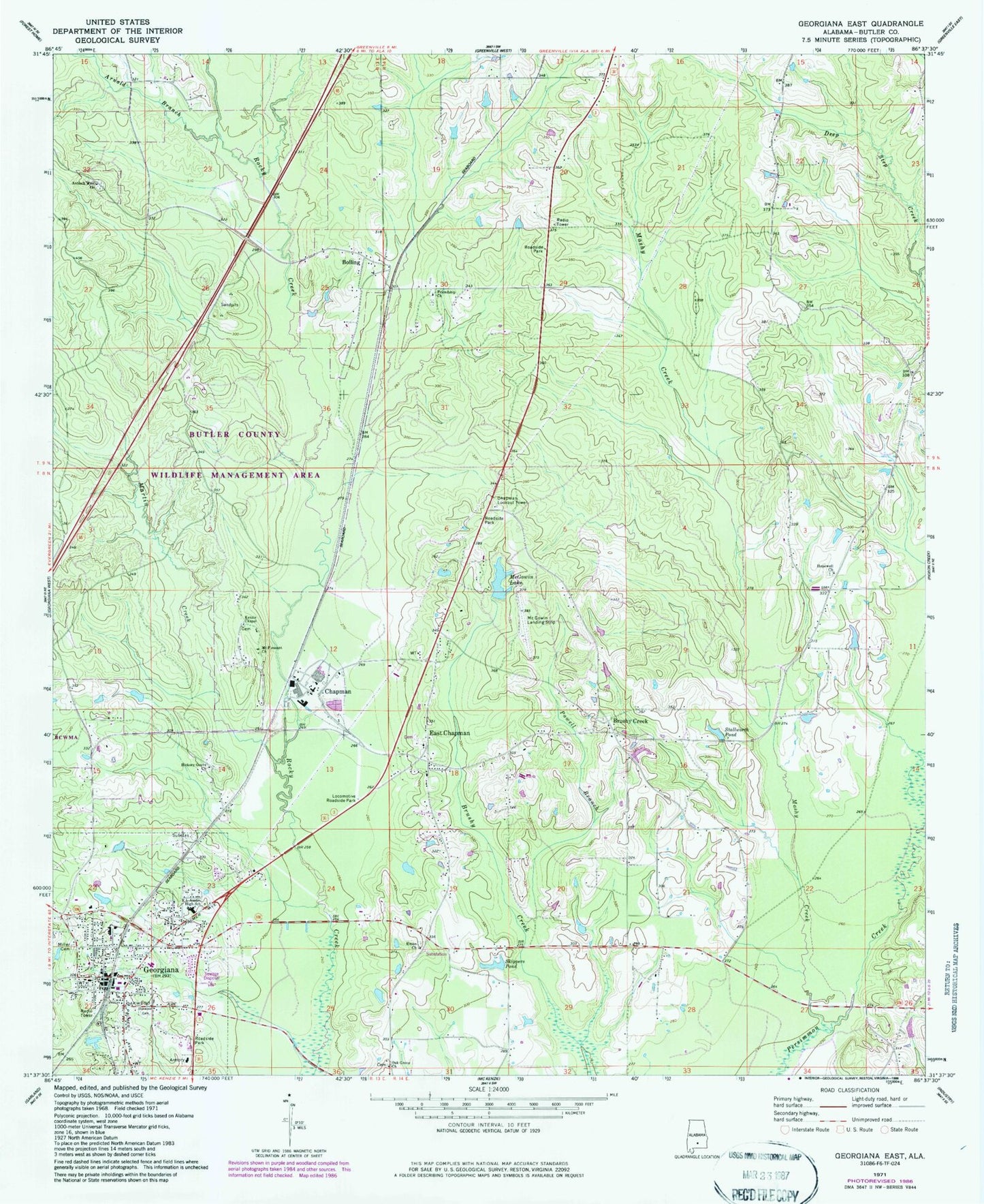 Classic USGS Georgiana East Alabama 7.5'x7.5' Topo Map Image
