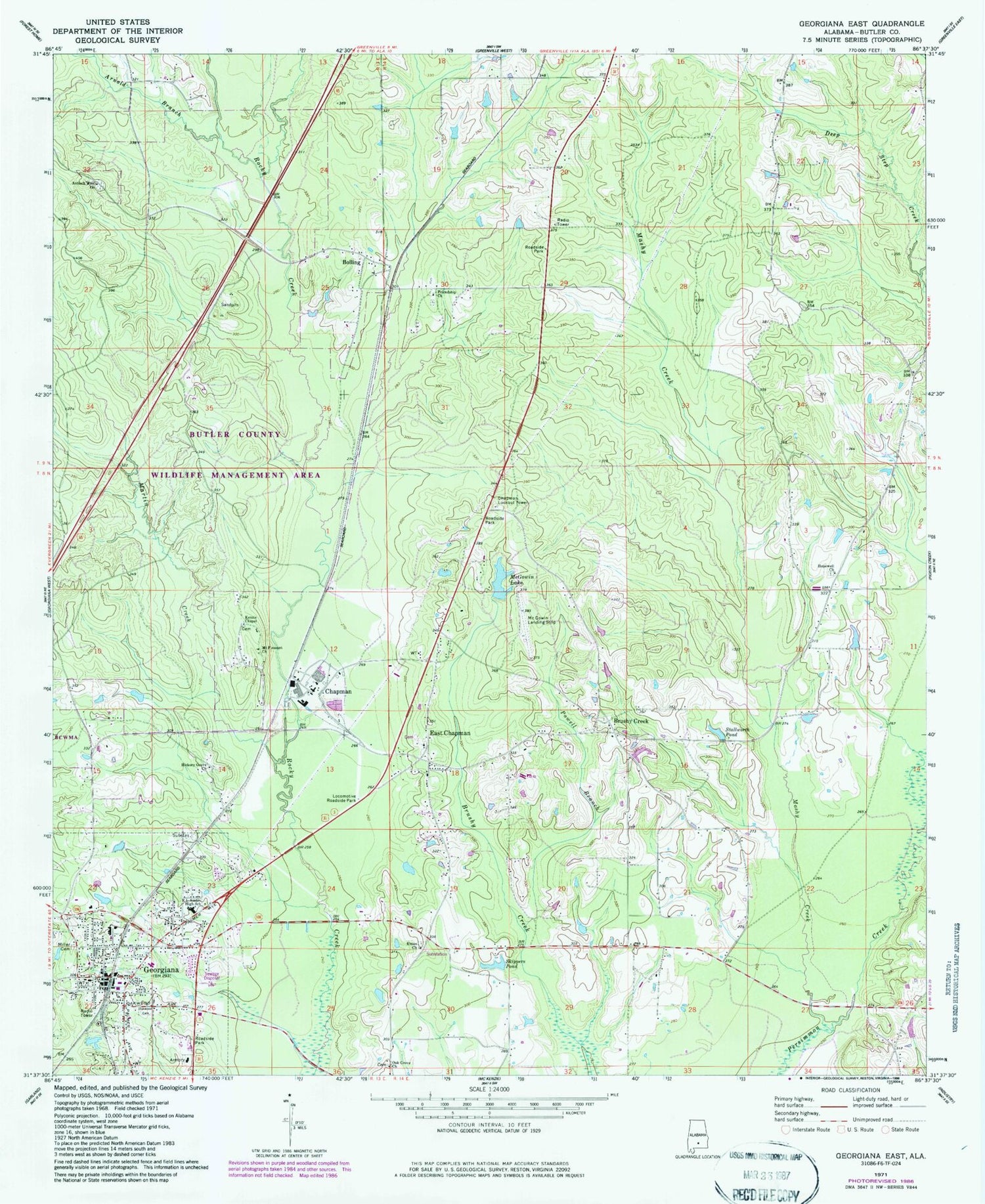 Classic USGS Georgiana East Alabama 7.5'x7.5' Topo Map Image
