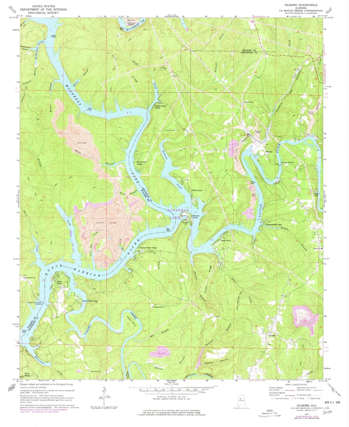 Classic USGS Gilmore Alabama 7.5'x7.5' Topo Map Image