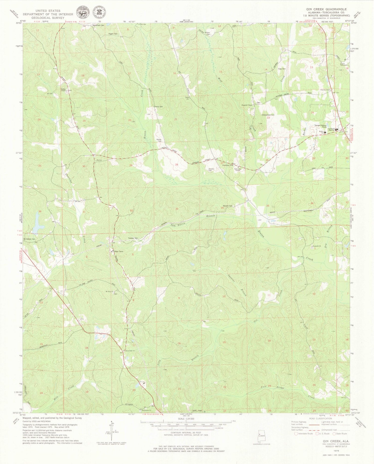 Classic USGS Gin Creek Alabama 7.5'x7.5' Topo Map Image