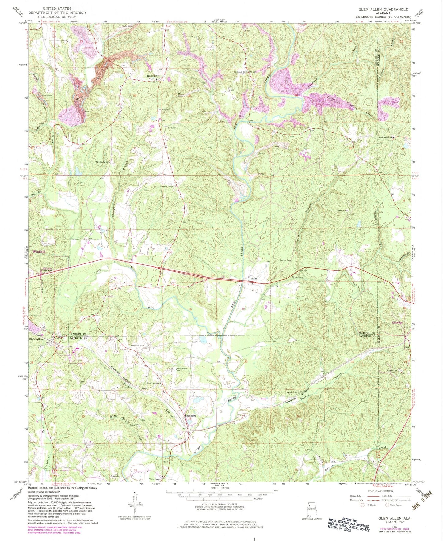 Classic USGS Glen Allen Alabama 7.5'x7.5' Topo Map Image