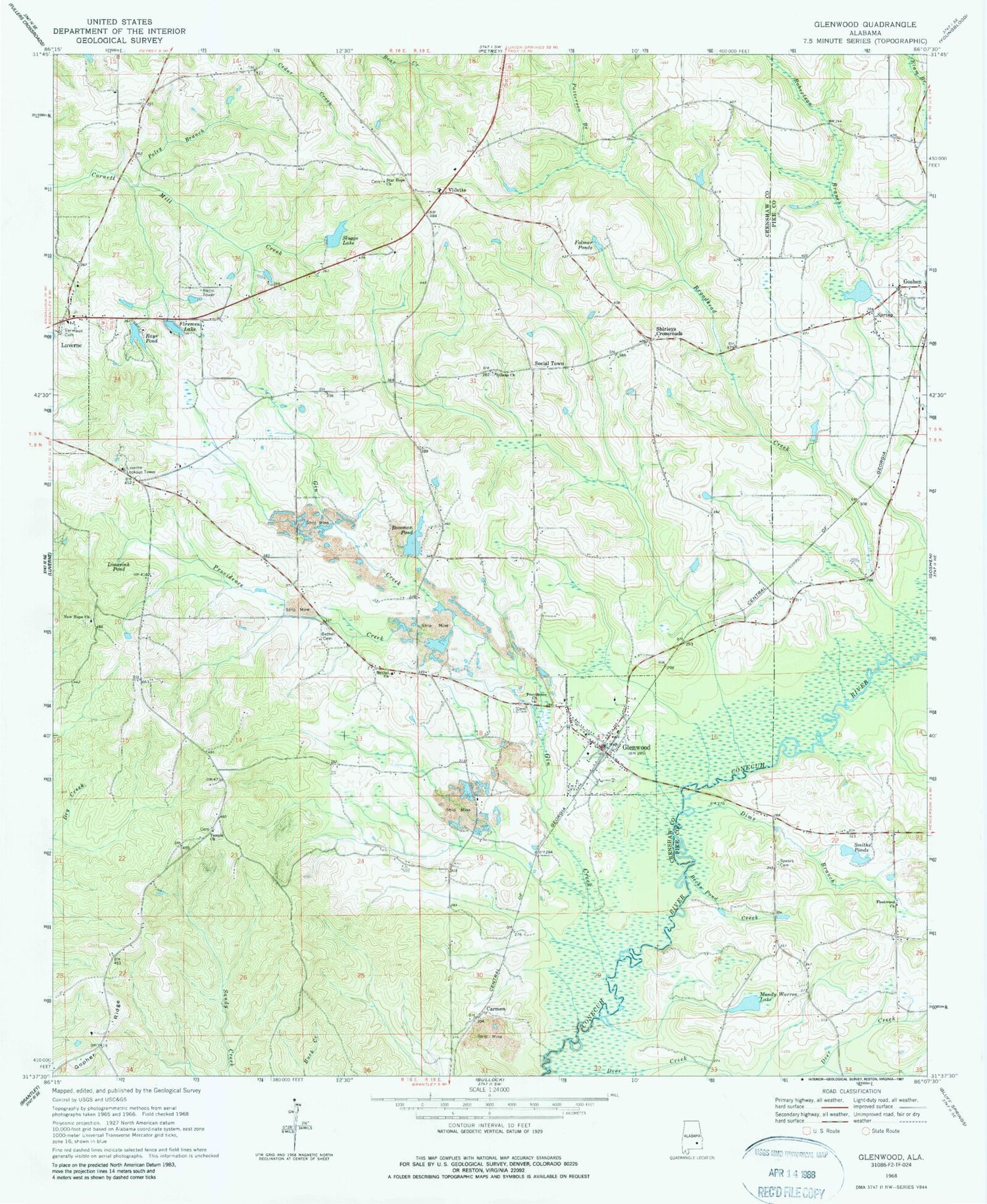 Classic USGS Glenwood Alabama 7.5'x7.5' Topo Map Image