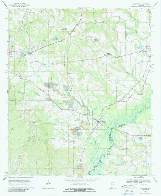 Classic USGS Glenwood Alabama 7.5'x7.5' Topo Map Image