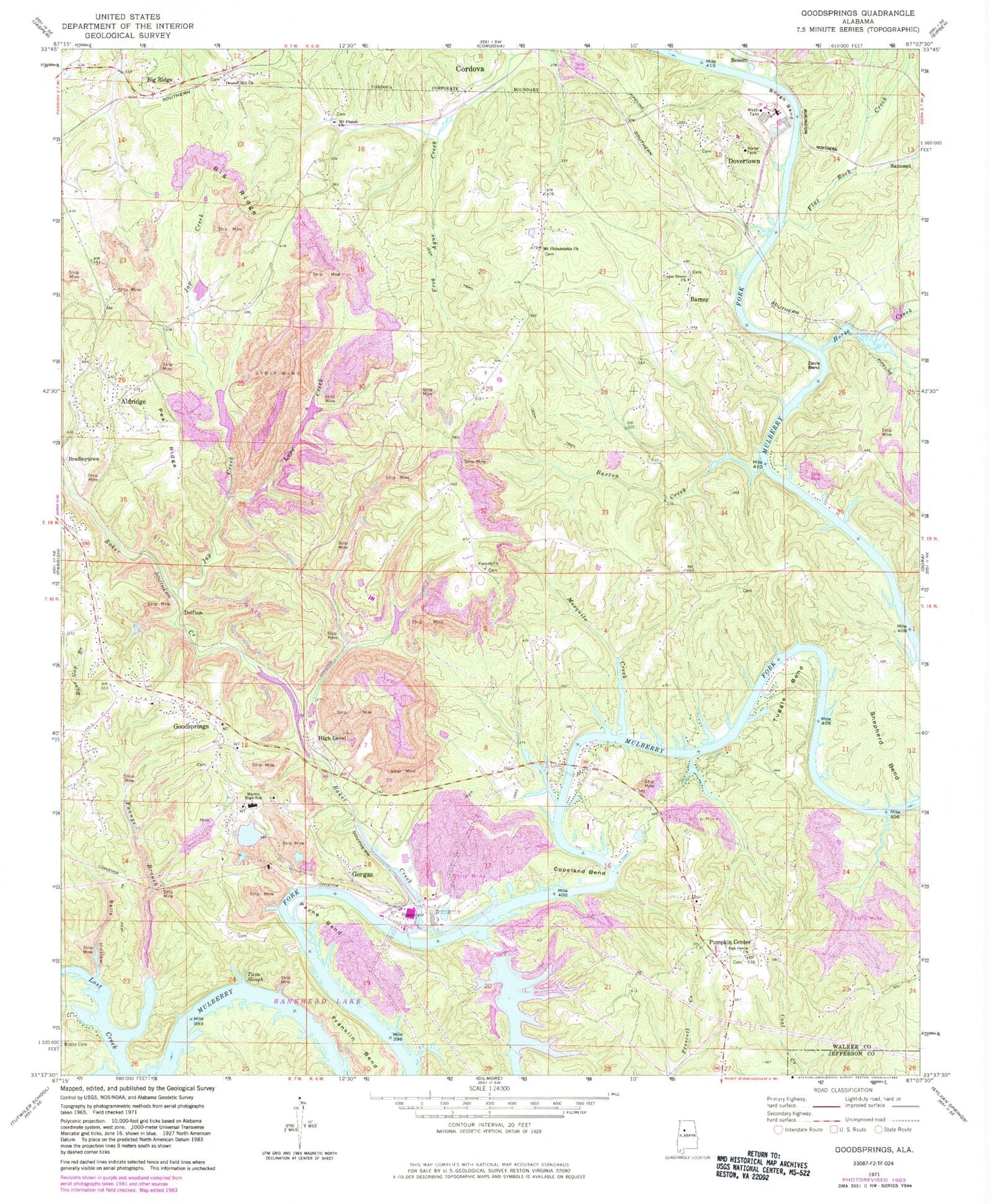 Classic USGS Goodsprings Alabama 7.5'x7.5' Topo Map Image