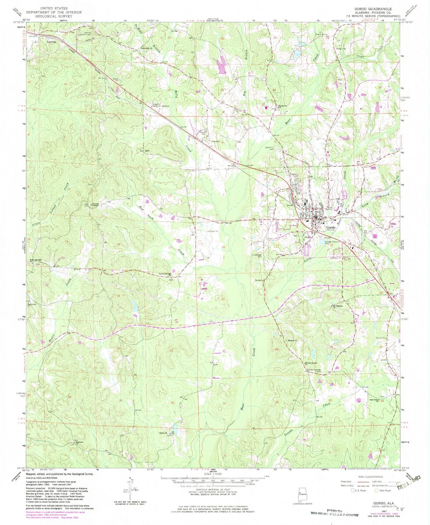 Classic USGS Gordo Alabama 7.5'x7.5' Topo Map Image