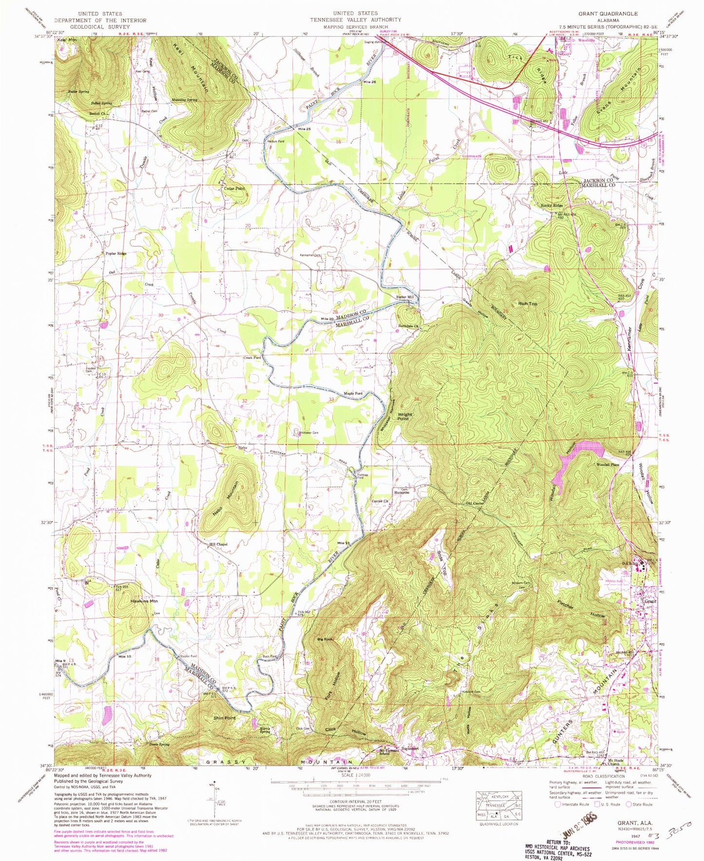Classic USGS Grant Alabama 7.5'x7.5' Topo Map Image