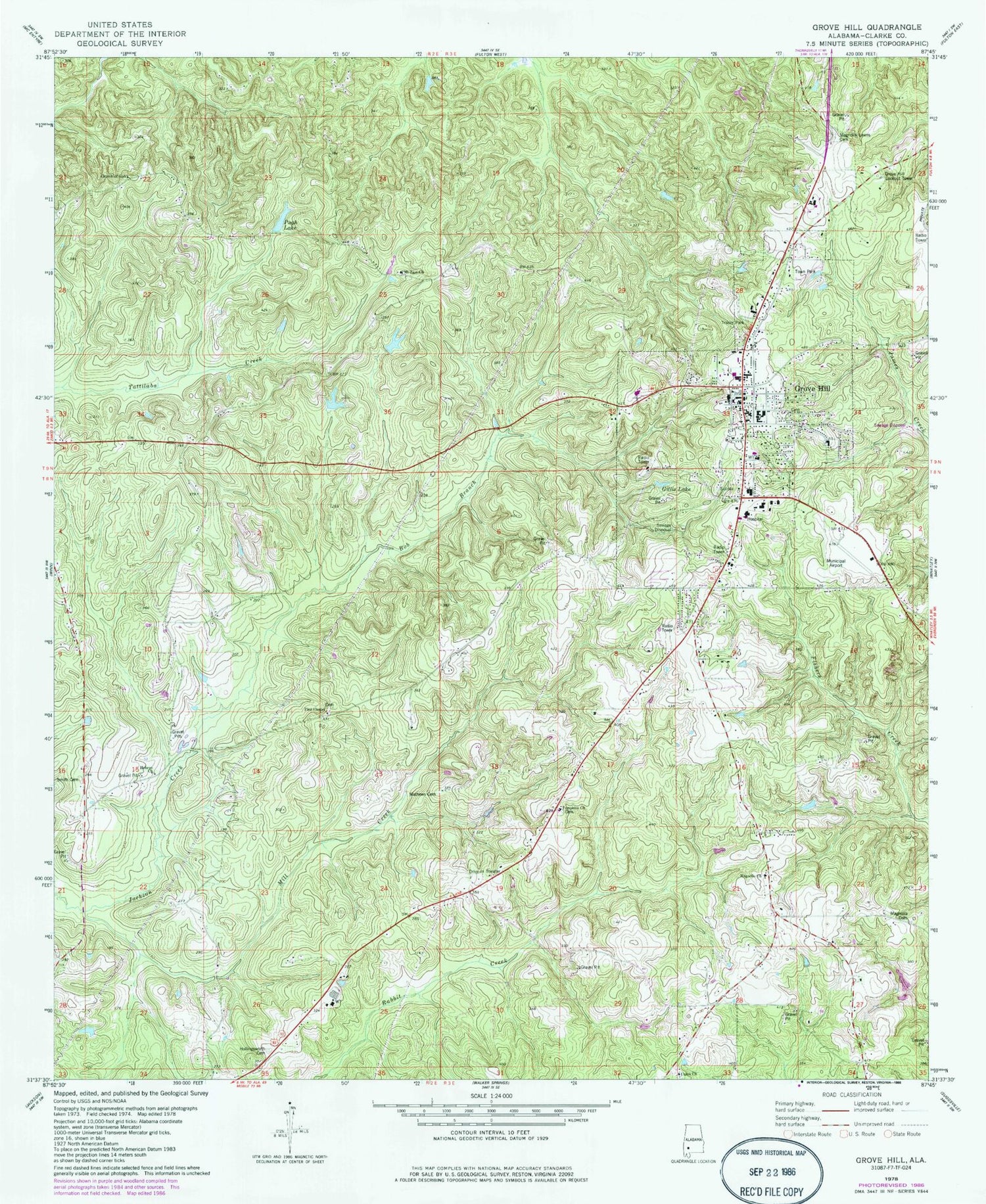 Classic USGS Grove Hill Alabama 7.5'x7.5' Topo Map Image