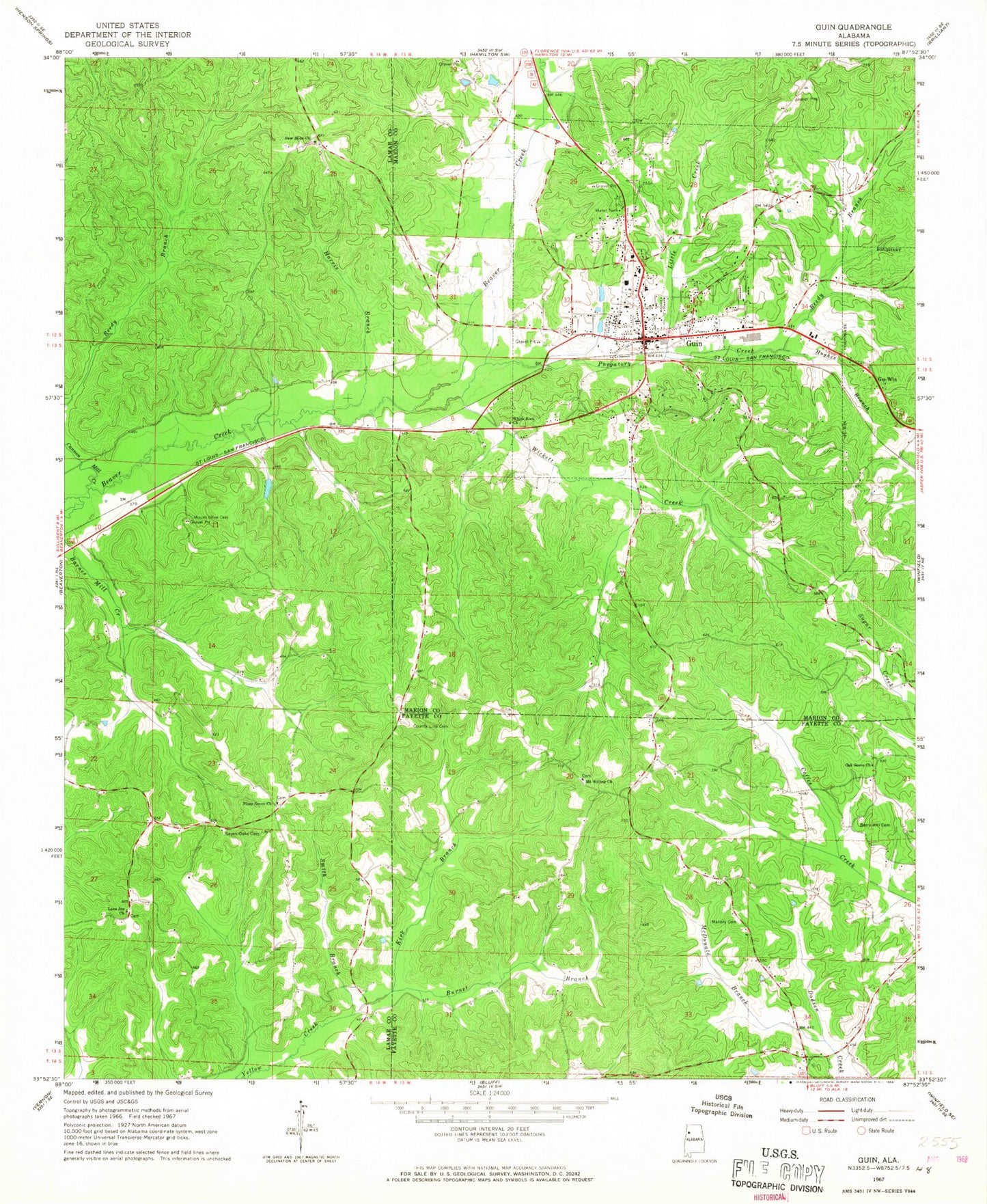 Classic USGS Guin Alabama 7.5'x7.5' Topo Map Image