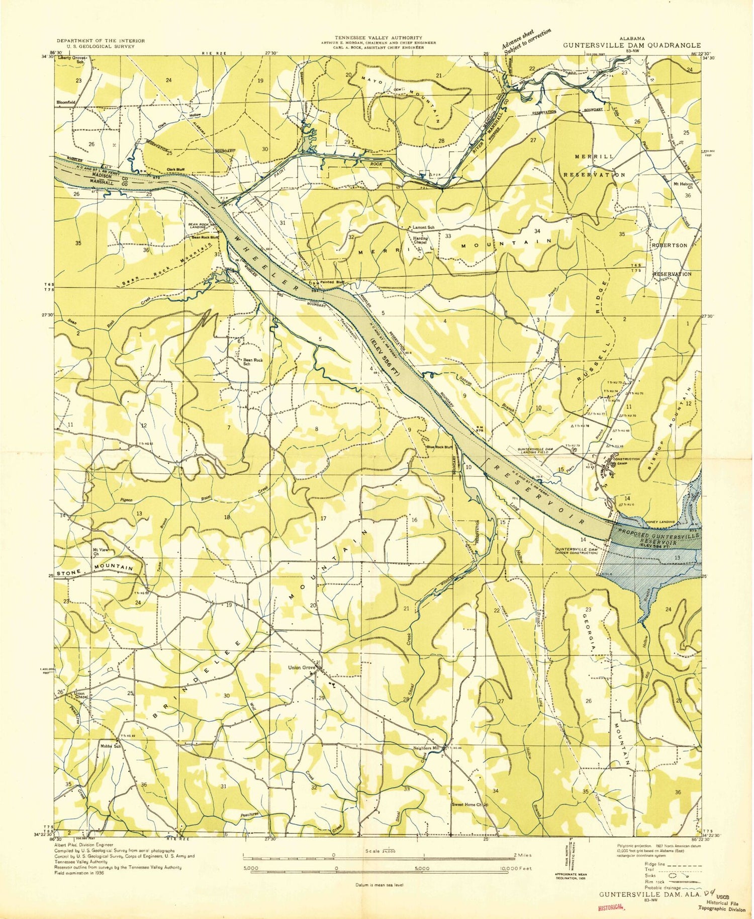 Classic USGS Guntersville Dam Alabama 7.5'x7.5' Topo Map Image