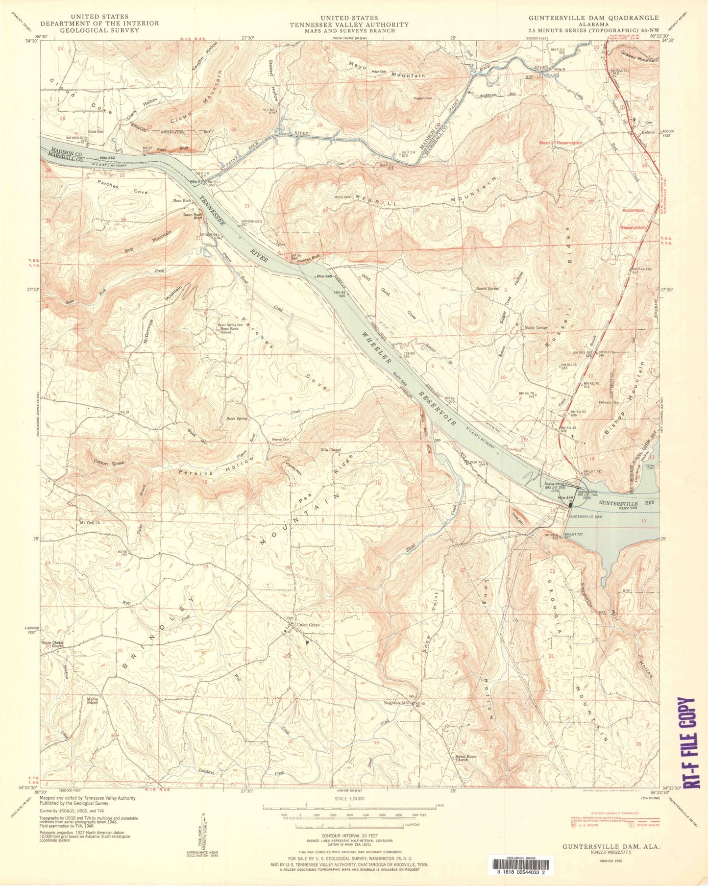 Classic USGS Guntersville Dam Alabama 7.5'x7.5' Topo Map Image