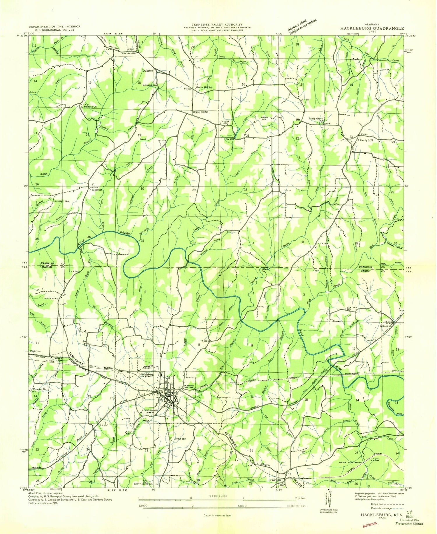 Classic USGS Hackleburg Alabama 7.5'x7.5' Topo Map Image