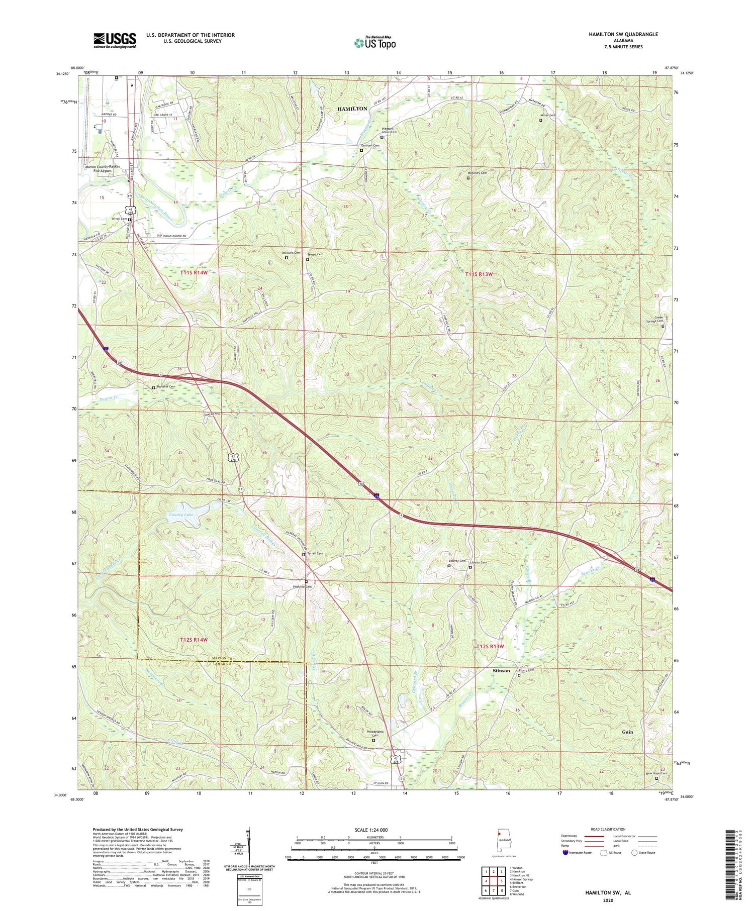 Hamilton SW Alabama US Topo Map Image