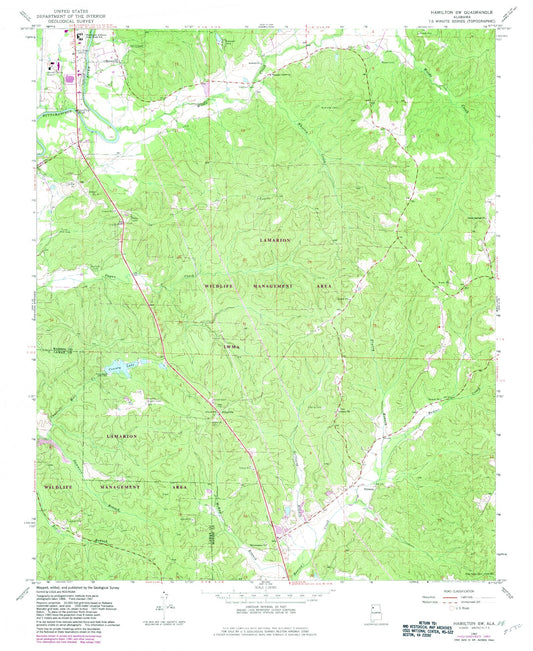 Classic USGS Hamilton SW Alabama 7.5'x7.5' Topo Map Image