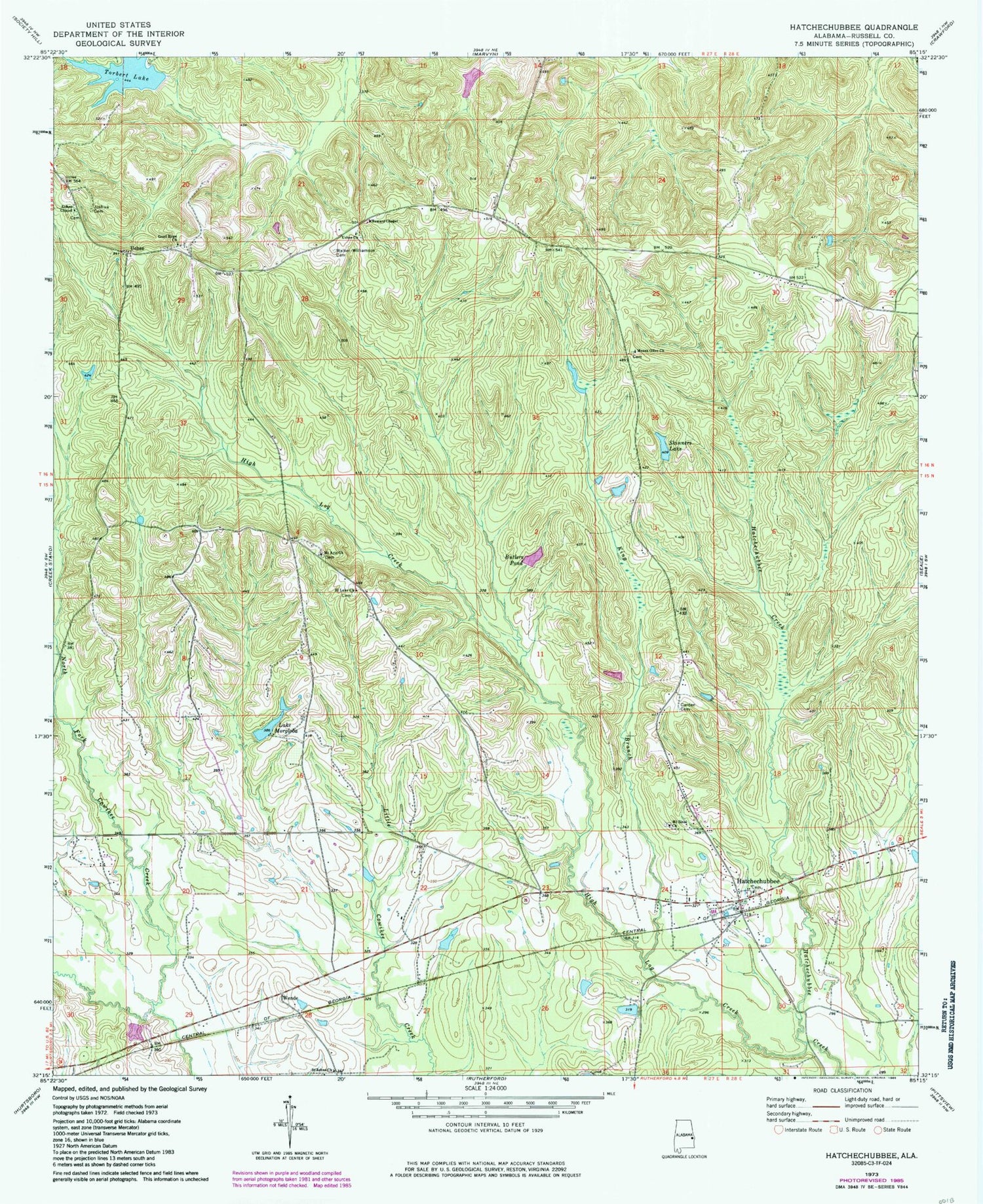 Classic USGS Hatchechubbee Alabama 7.5'x7.5' Topo Map Image