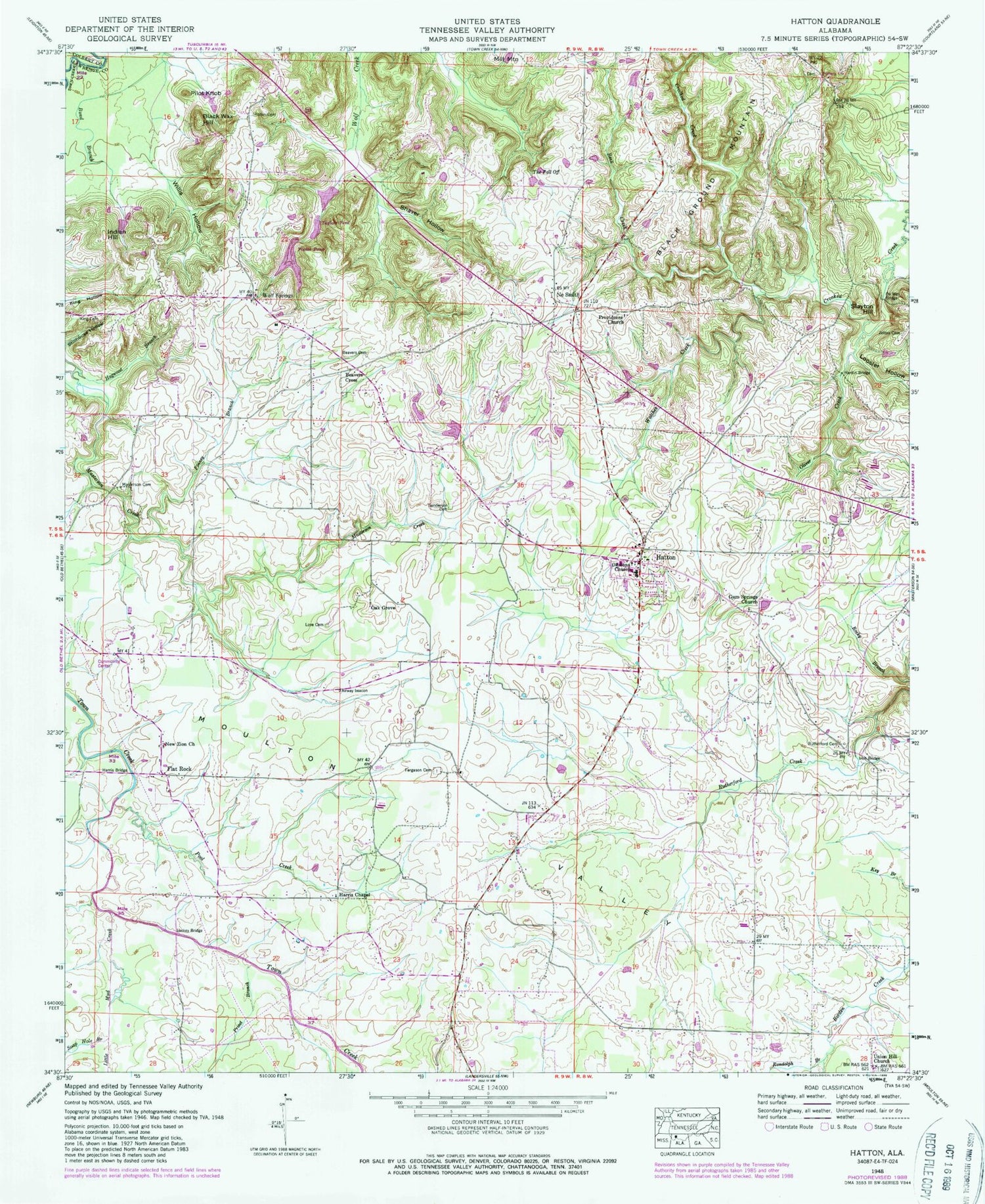 Classic USGS Hatton Alabama 7.5'x7.5' Topo Map Image