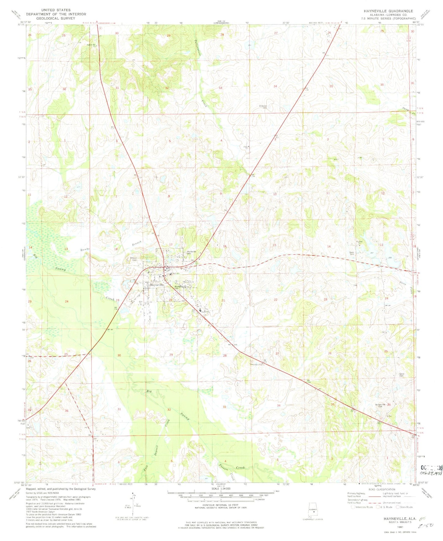 Classic USGS Hayneville Alabama 7.5'x7.5' Topo Map Image