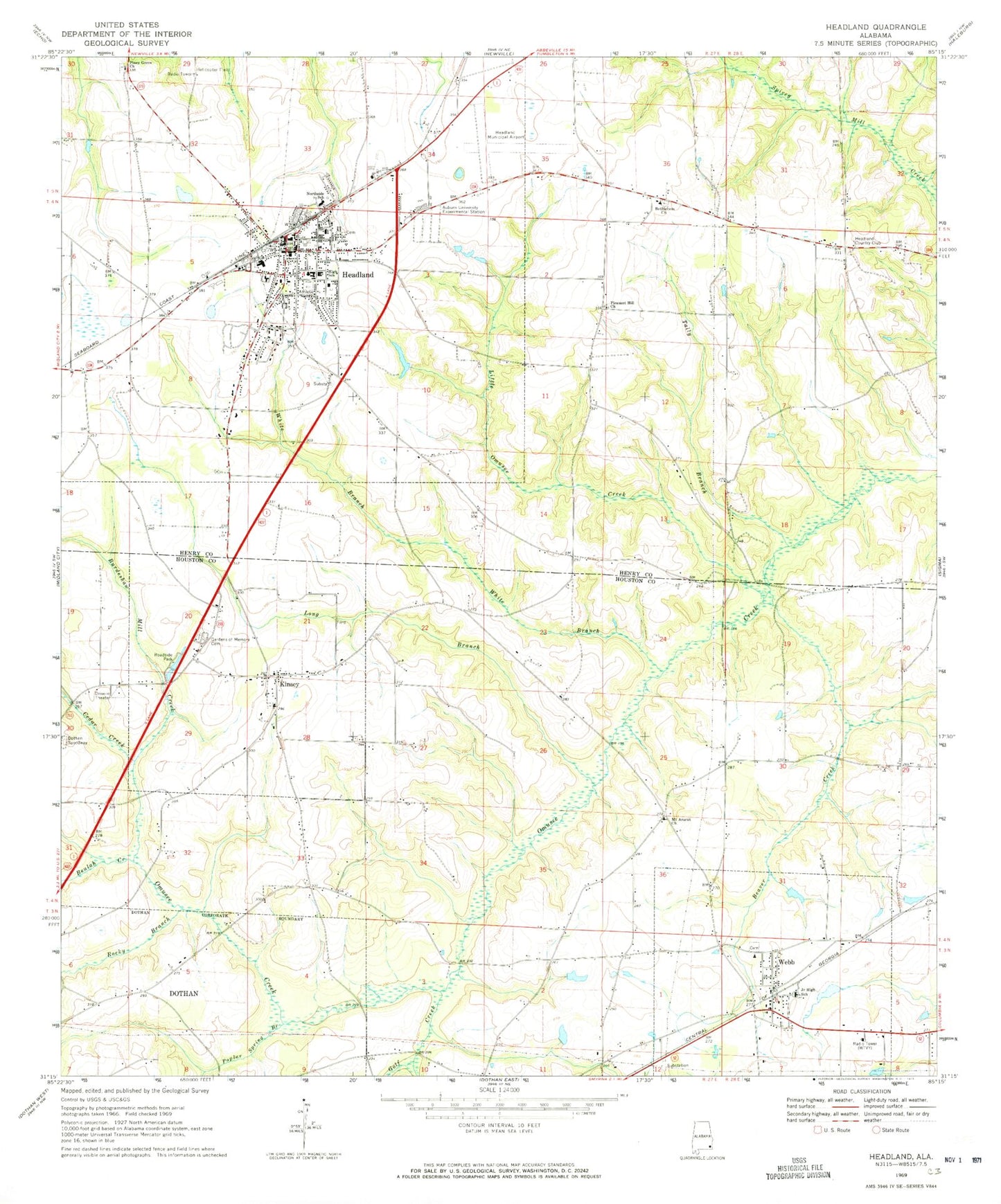 Classic USGS Headland Alabama 7.5'x7.5' Topo Map Image