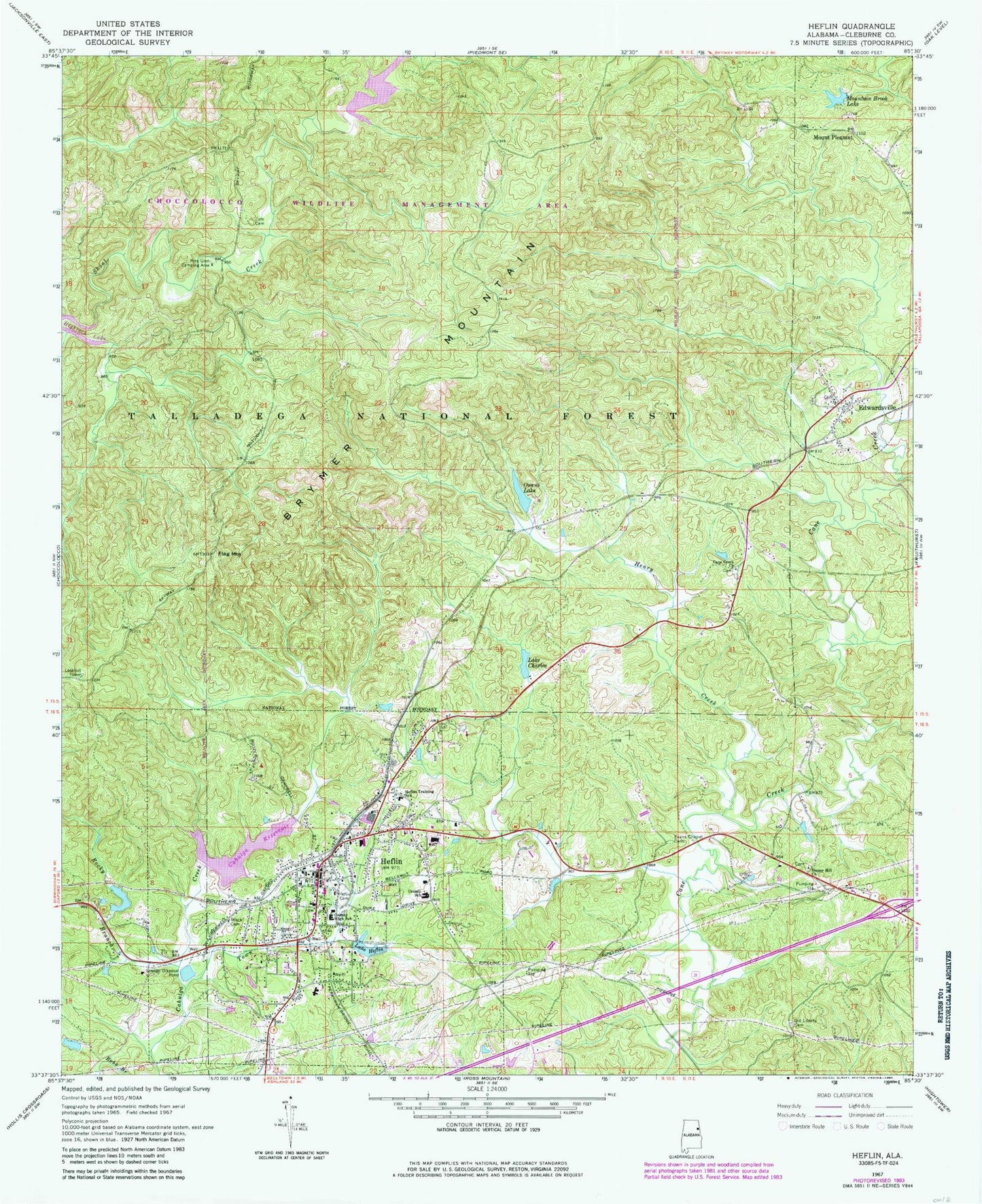 Classic USGS Heflin Alabama 7.5'x7.5' Topo Map Image