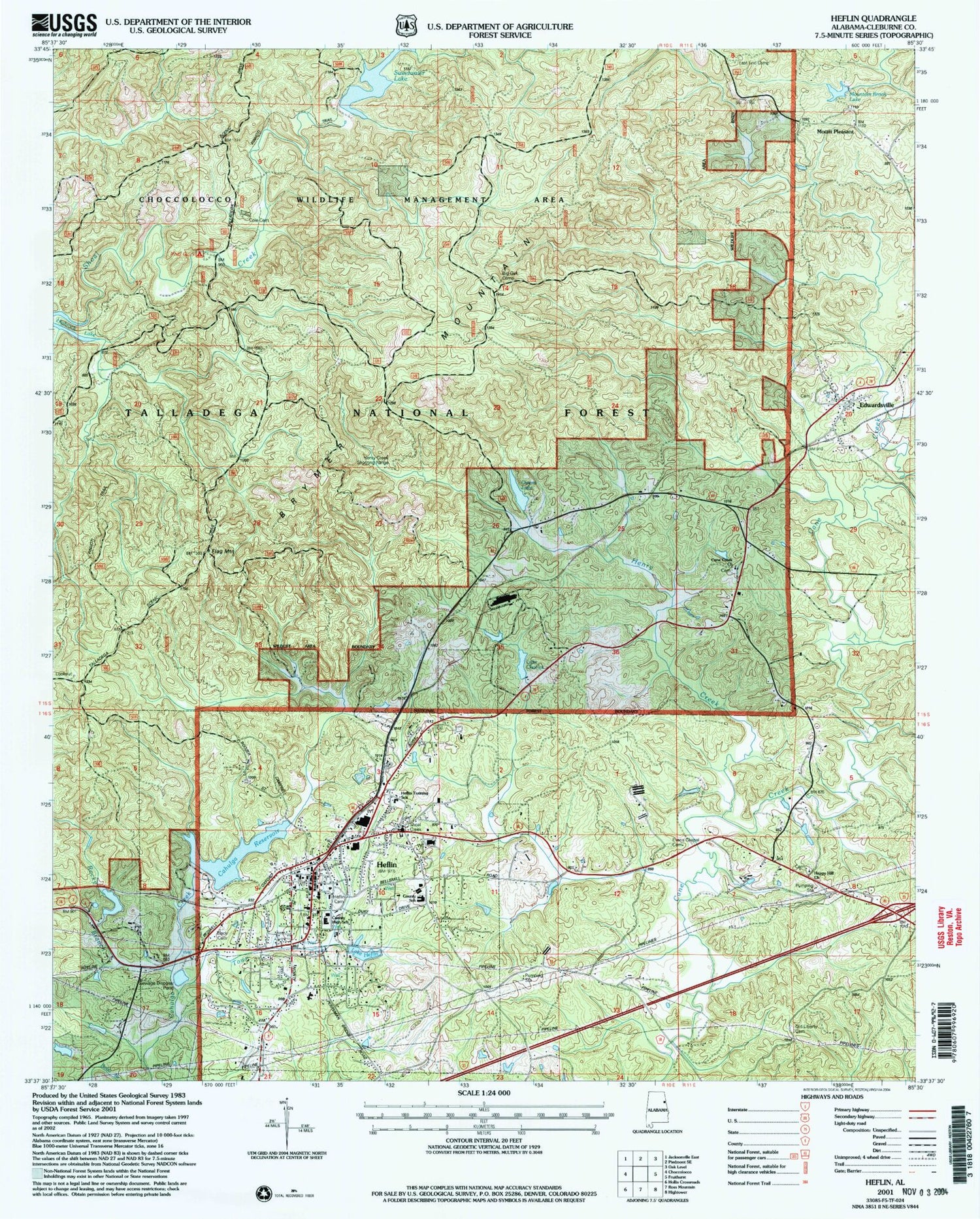 Classic USGS Heflin Alabama 7.5'x7.5' Topo Map Image