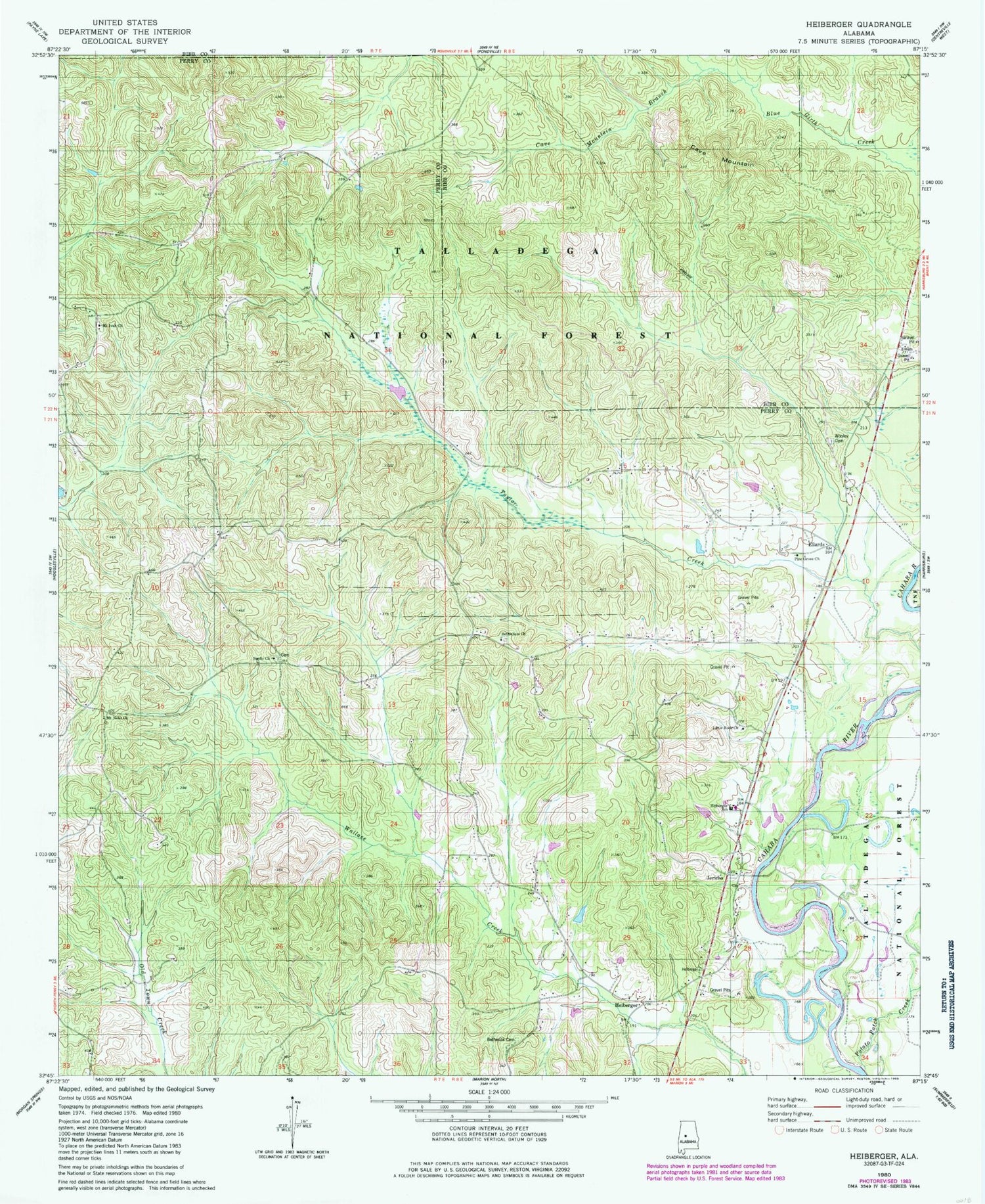 Classic USGS Heiberger Alabama 7.5'x7.5' Topo Map Image