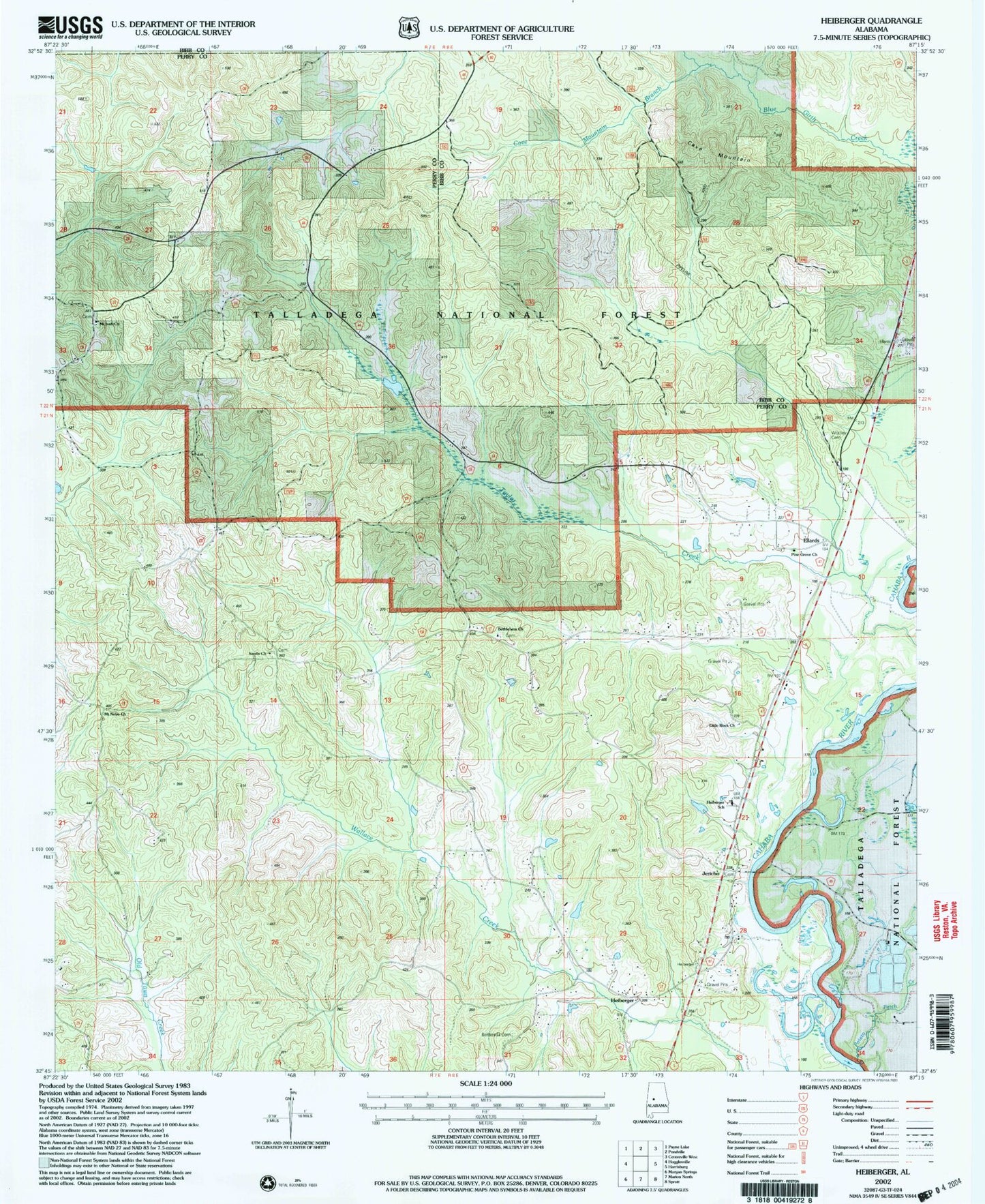 Classic USGS Heiberger Alabama 7.5'x7.5' Topo Map Image