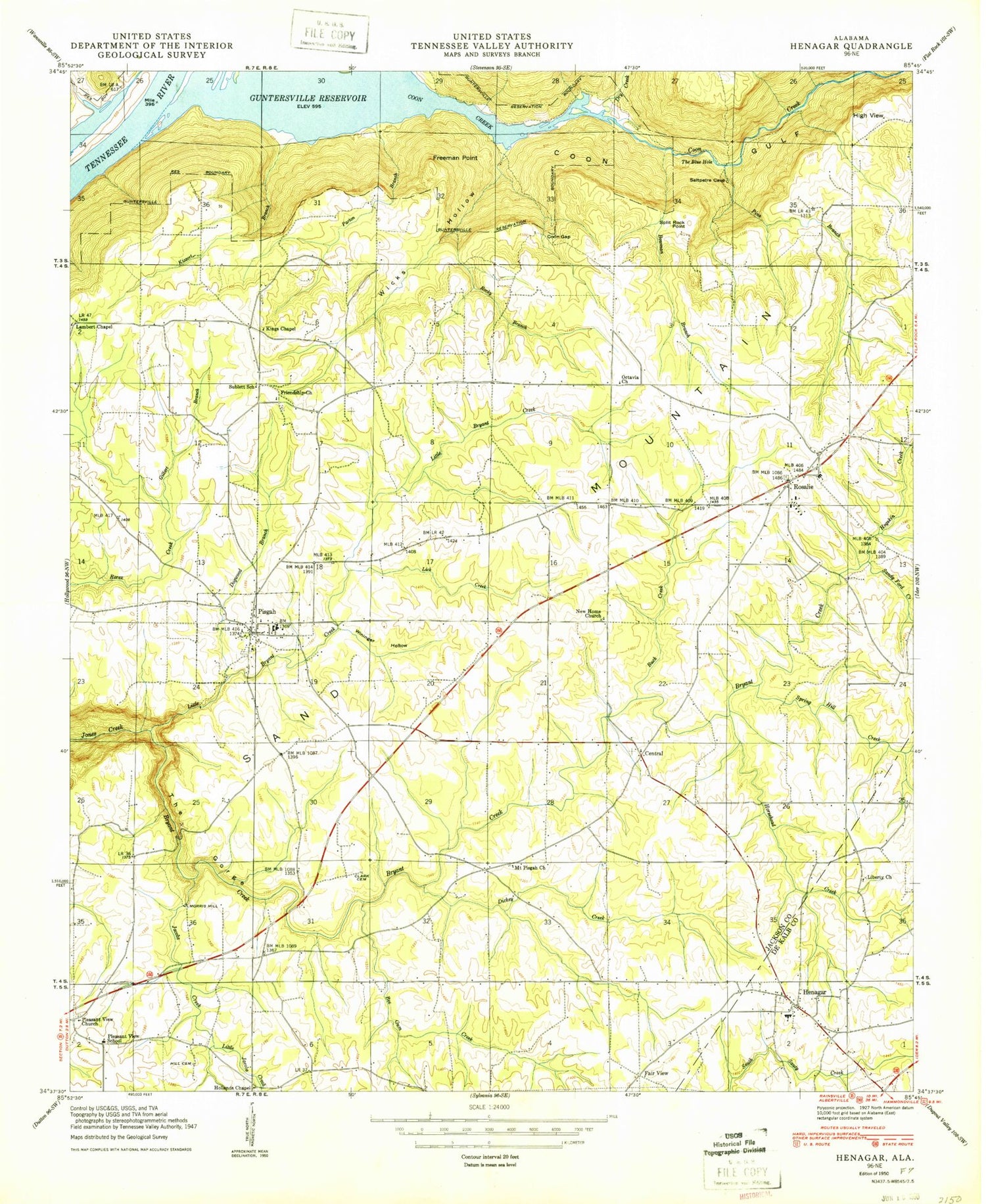 Classic USGS Henagar Alabama 7.5'x7.5' Topo Map Image