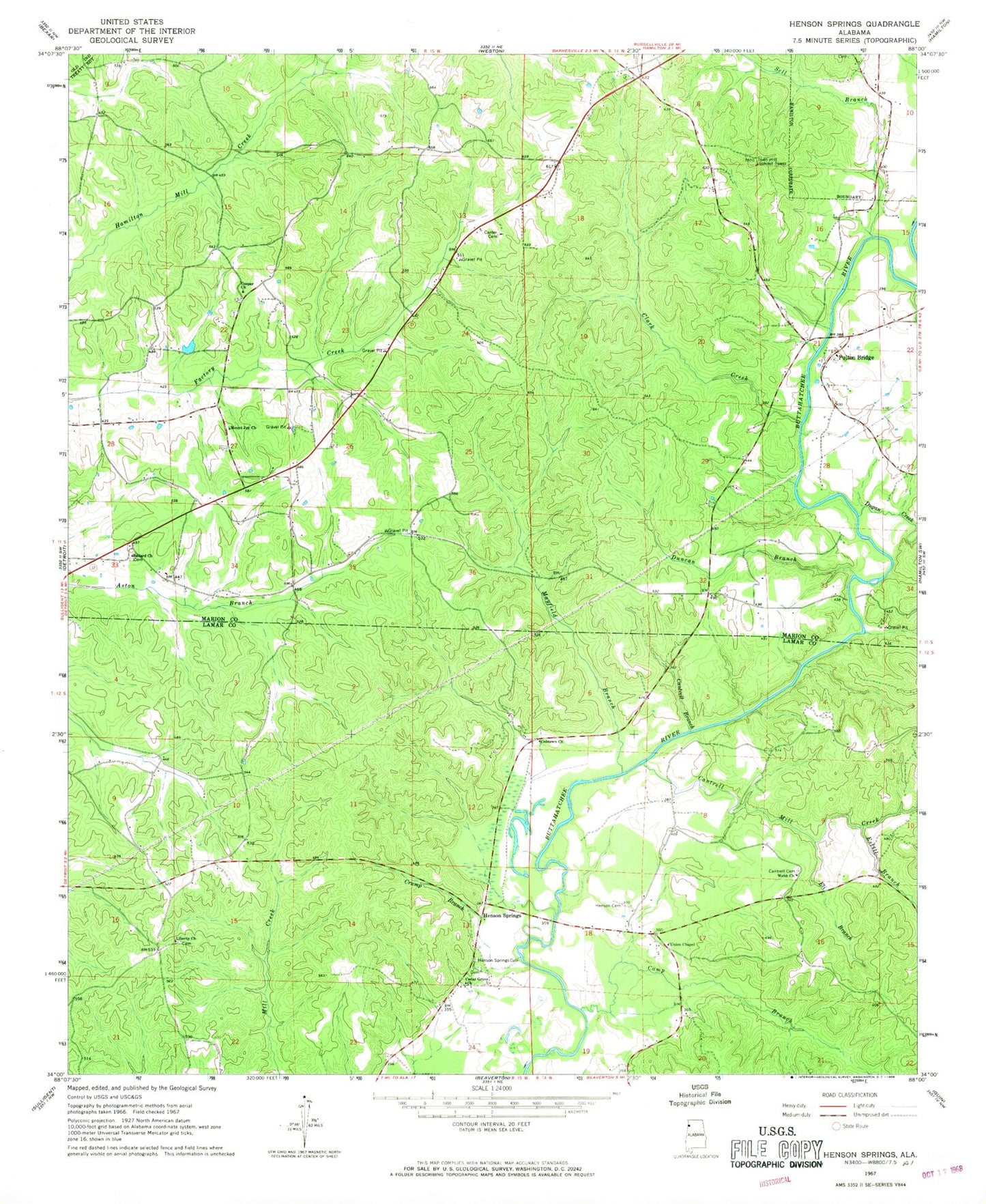 Classic USGS Henson Springs Alabama 7.5'x7.5' Topo Map Image