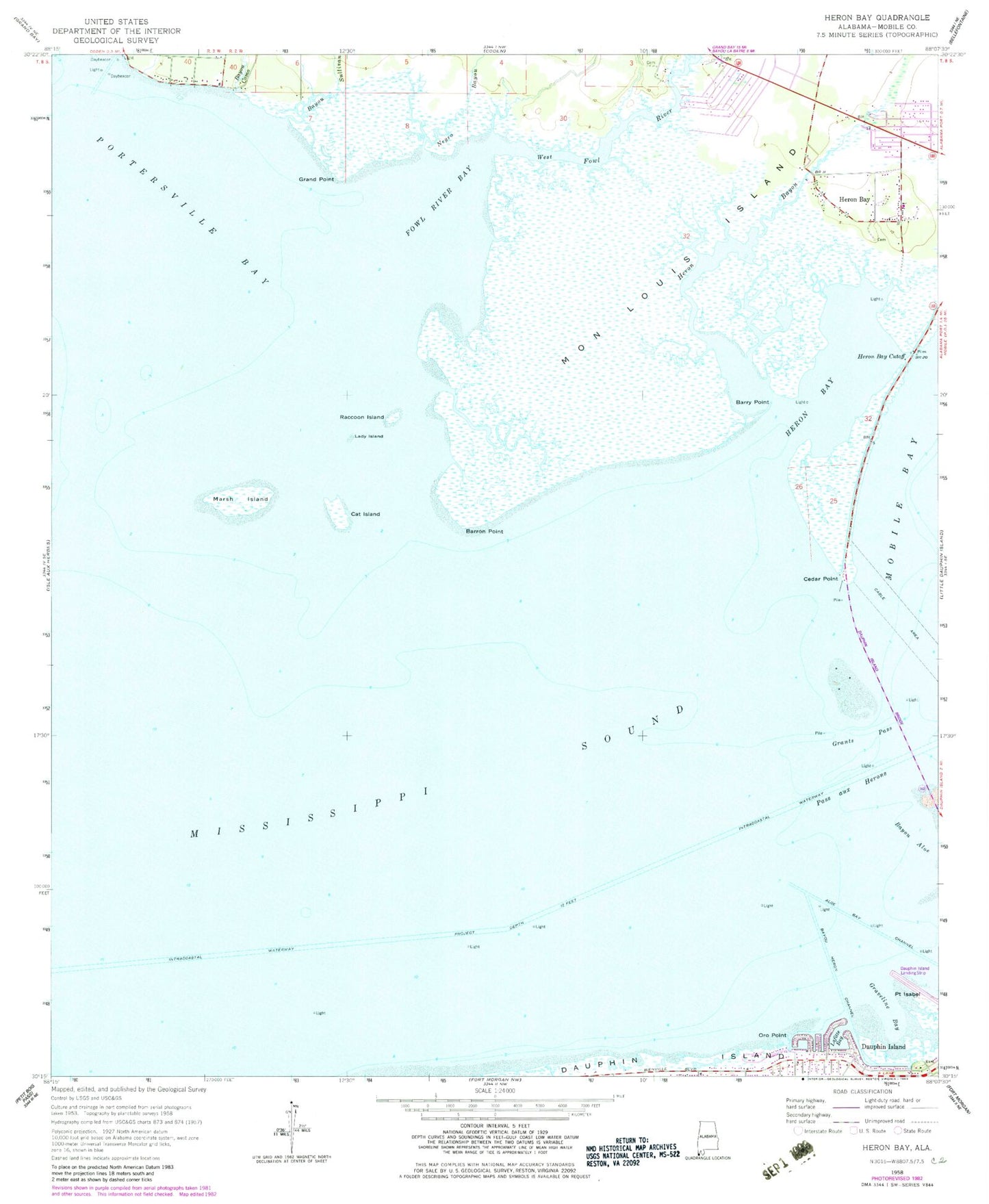 Classic USGS Heron Bay Alabama 7.5'x7.5' Topo Map Image