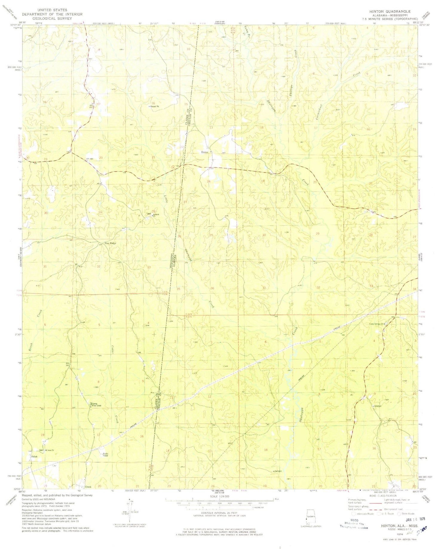 Classic USGS Hinton Alabama 7.5'x7.5' Topo Map Image