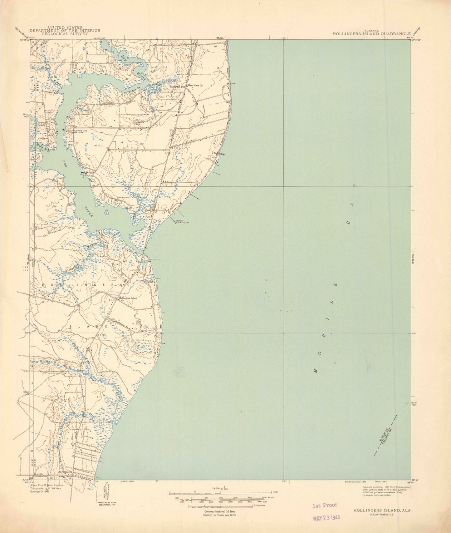 Classic USGS Hollingers Island Alabama 7.5'x7.5' Topo Map Image